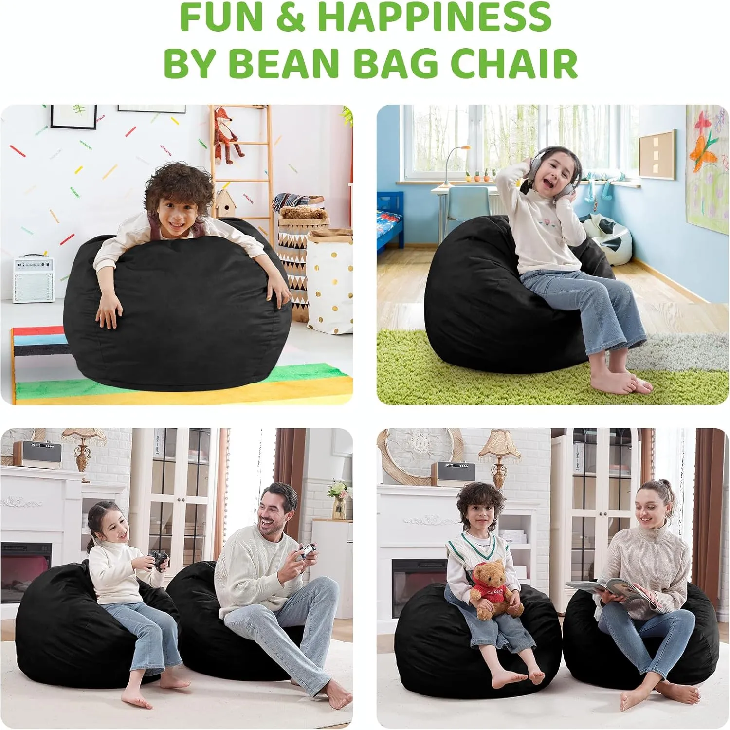 2.5Ft Bean Bag Chair, Memory Foam Filling Bean Bag Chairs with Velvet Cover, Removable and Machine Washable Cover, Teardrop Bean Bag Chair for Adults,Teens and Kids - Black