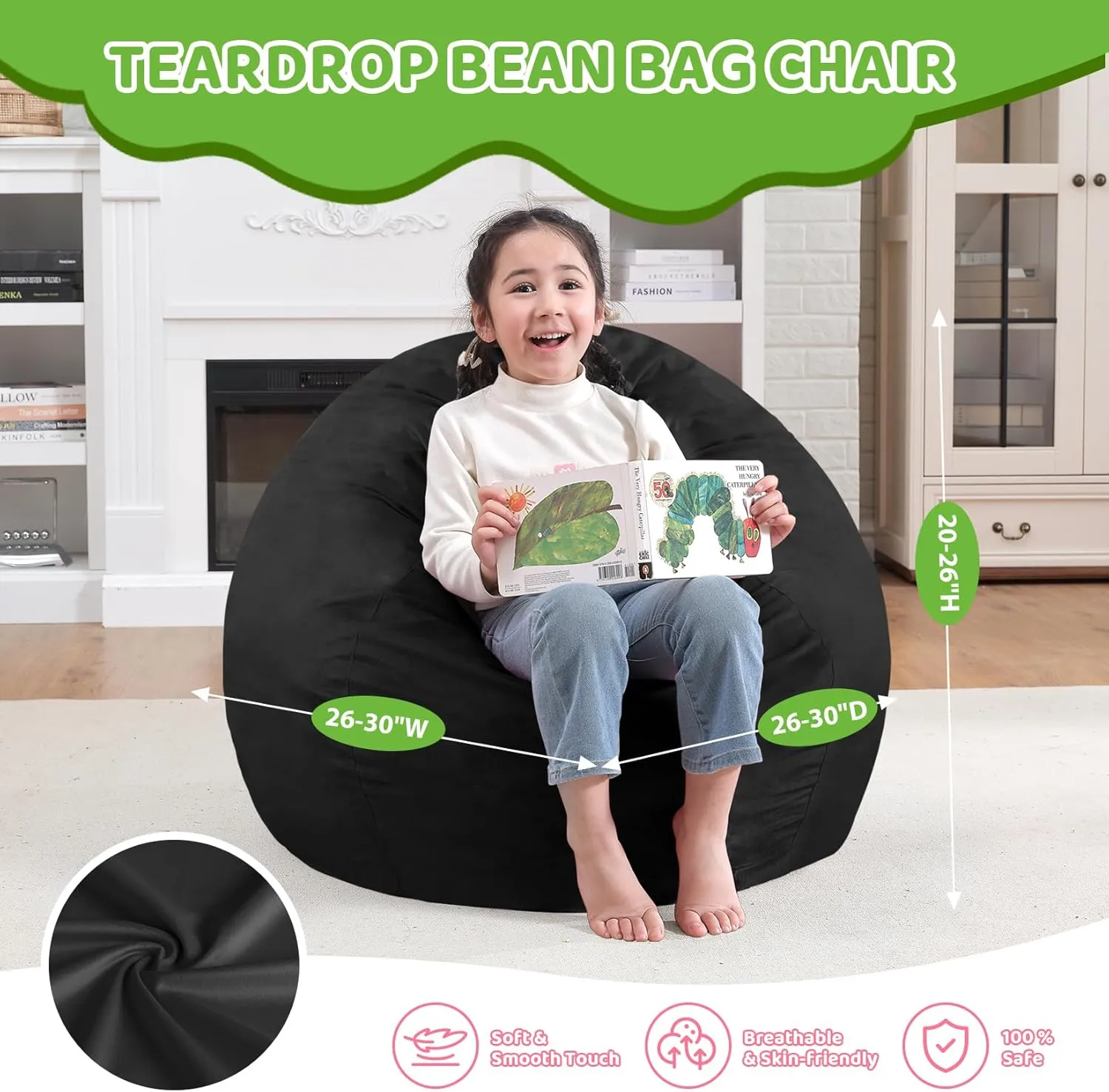 2.5Ft Bean Bag Chair, Memory Foam Filling Bean Bag Chairs with Velvet Cover, Removable and Machine Washable Cover, Teardrop Bean Bag Chair for Adults,Teens and Kids - Black