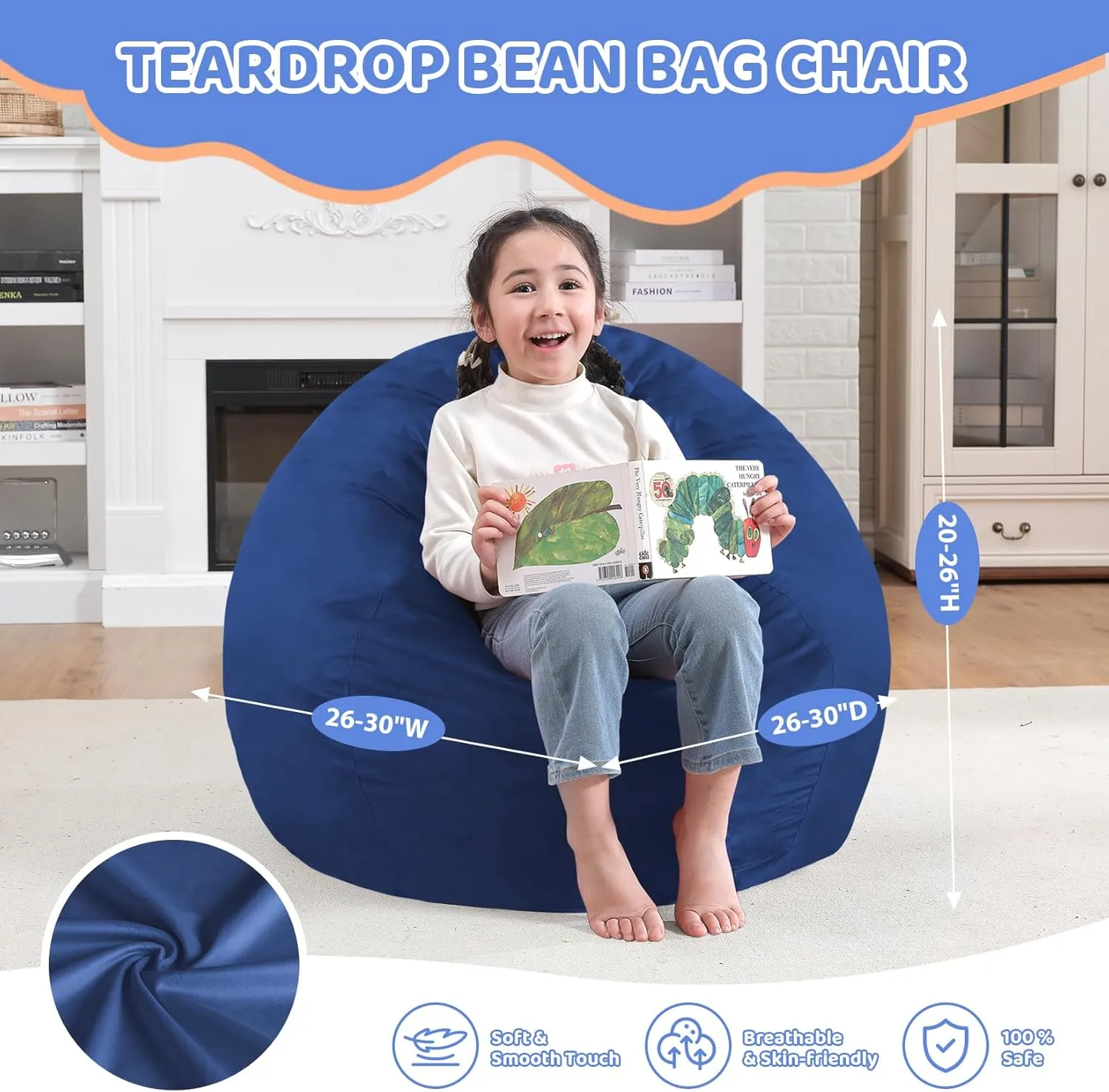 2.5Ft Bean Bag Chair, Memory Foam Filling Bean Bag Chairs with Velvet Cover, Removable and Machine Washable Cover, Teardrop Bean Bag Chair for Adults,Teens and Kids - Dark Blue