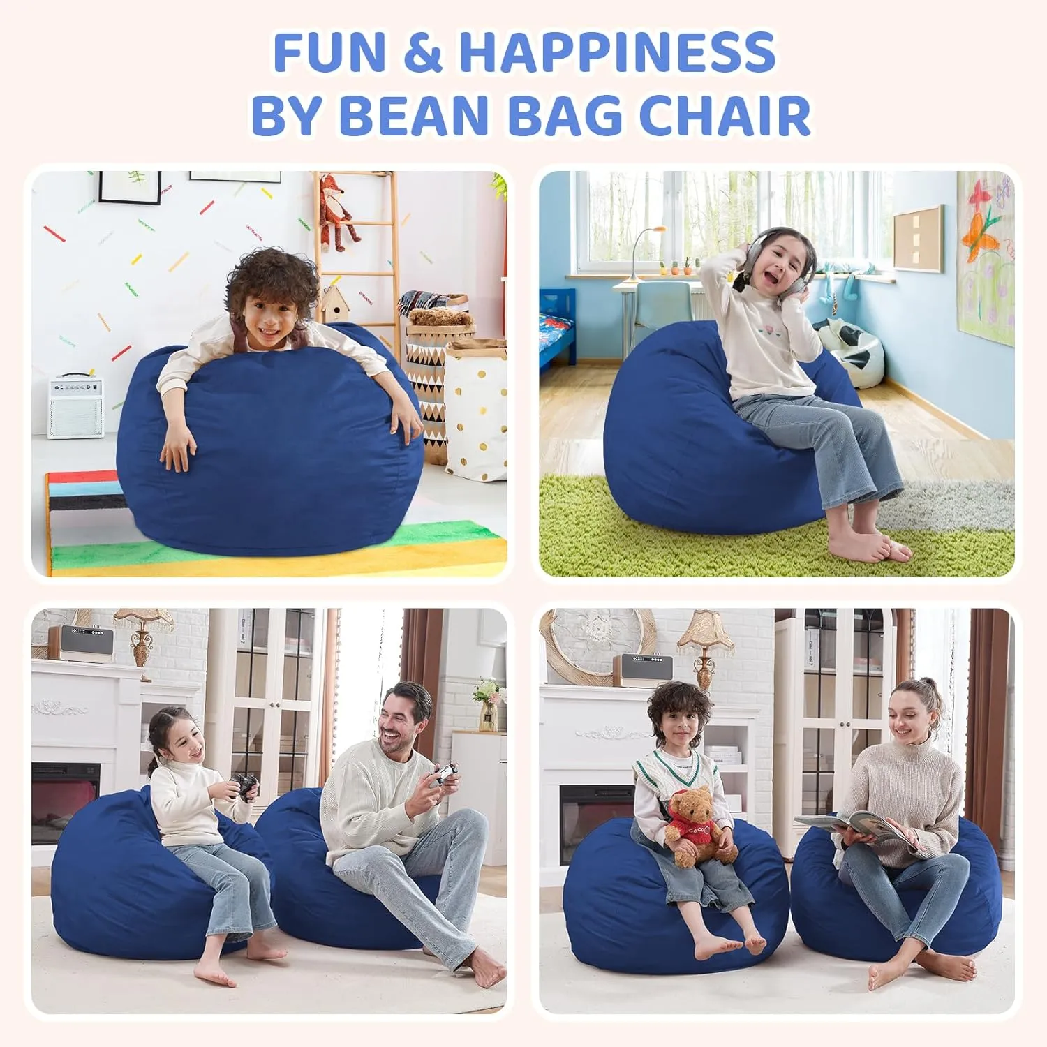 2.5Ft Bean Bag Chair, Memory Foam Filling Bean Bag Chairs with Velvet Cover, Removable and Machine Washable Cover, Teardrop Bean Bag Chair for Adults,Teens and Kids - Dark Blue