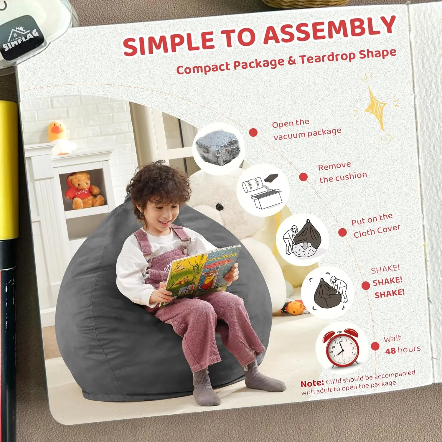 2.5Ft Bean Bag Chair, Memory Foam Filling Bean Bag Chairs with Velvet Cover, Removable and Machine Washable Cover, Teardrop Bean Bag Chair for Adults,Teens and Kids - Grey