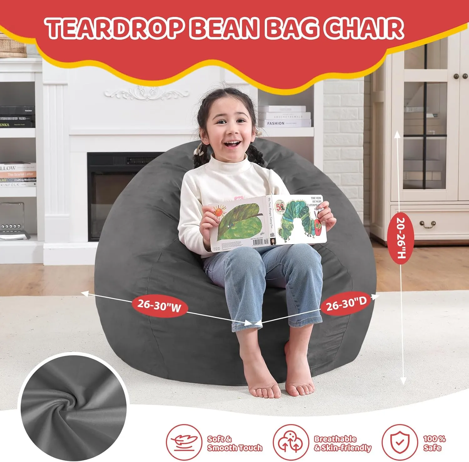 2.5Ft Bean Bag Chair, Memory Foam Filling Bean Bag Chairs with Velvet Cover, Removable and Machine Washable Cover, Teardrop Bean Bag Chair for Adults,Teens and Kids - Grey