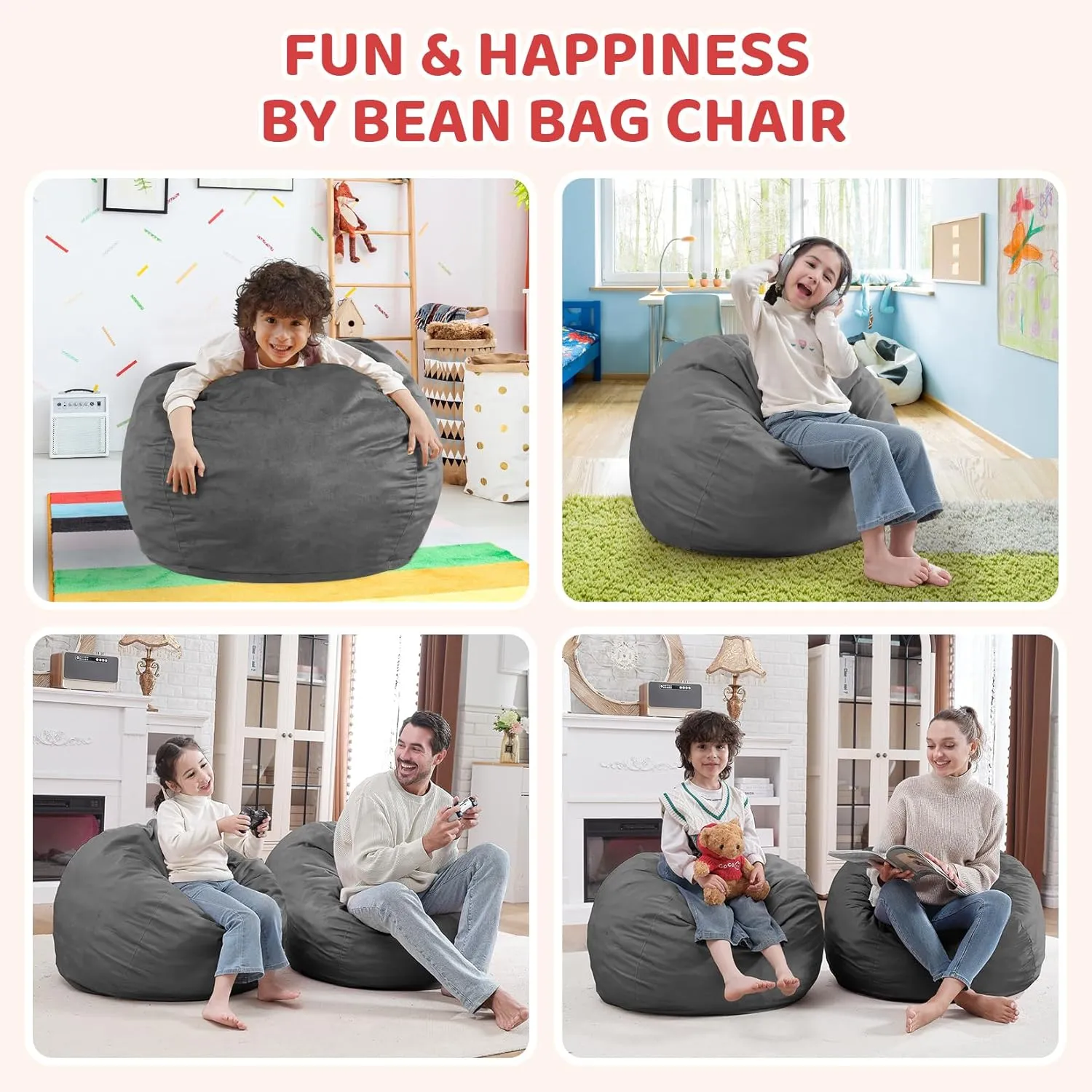 2.5Ft Bean Bag Chair, Memory Foam Filling Bean Bag Chairs with Velvet Cover, Removable and Machine Washable Cover, Teardrop Bean Bag Chair for Adults,Teens and Kids - Grey