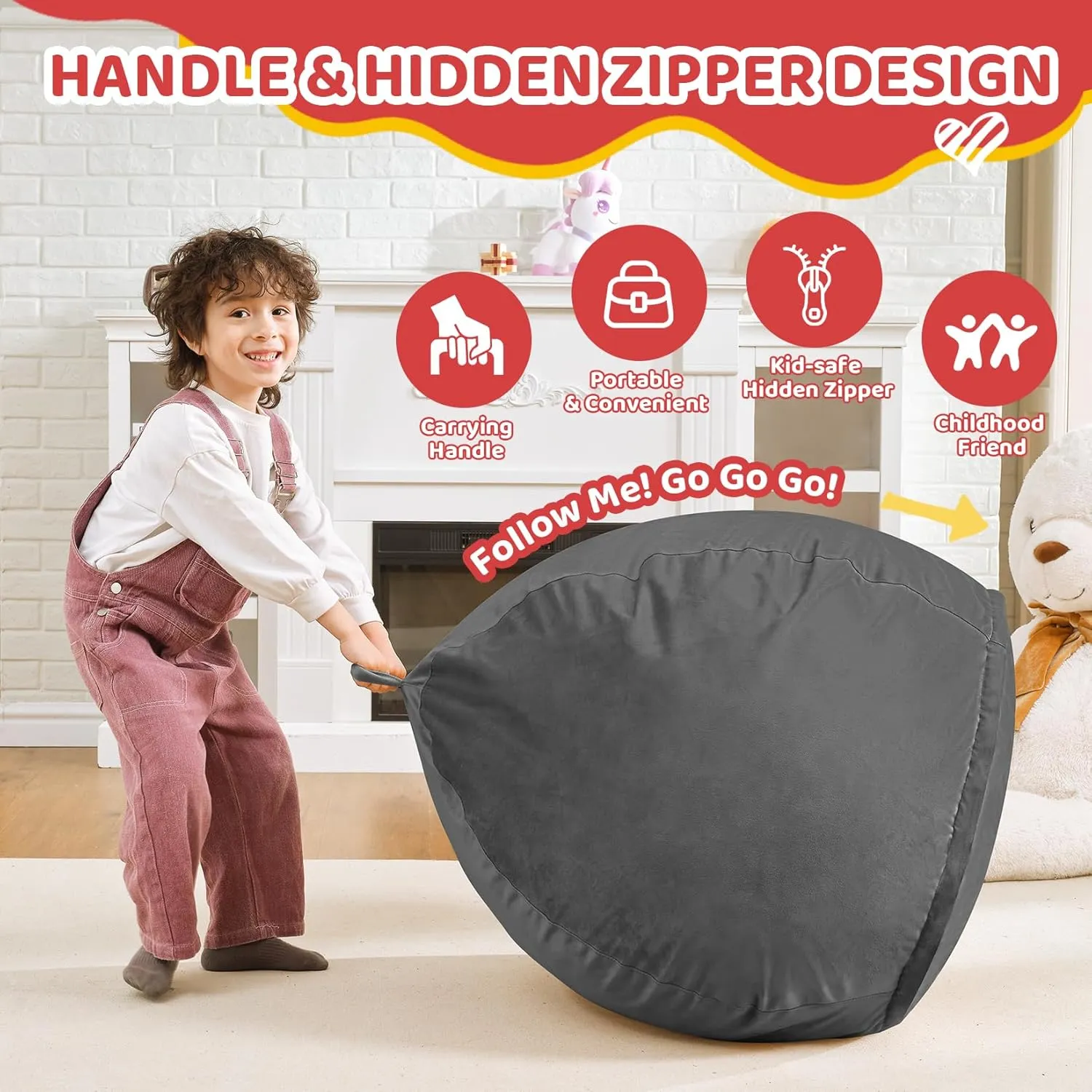 2.5Ft Bean Bag Chair, Memory Foam Filling Bean Bag Chairs with Velvet Cover, Removable and Machine Washable Cover, Teardrop Bean Bag Chair for Adults,Teens and Kids - Grey