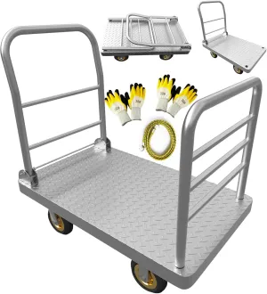 2IN1 48"×24" Platform Truck Cart 2650lbs Heavy Duty Flatbed Cart Dolly w/Detachable Rear Guardrail and Swivel Casters, Push Cart, Work Gloves 2Pairs & 1 Bunge Cord Included