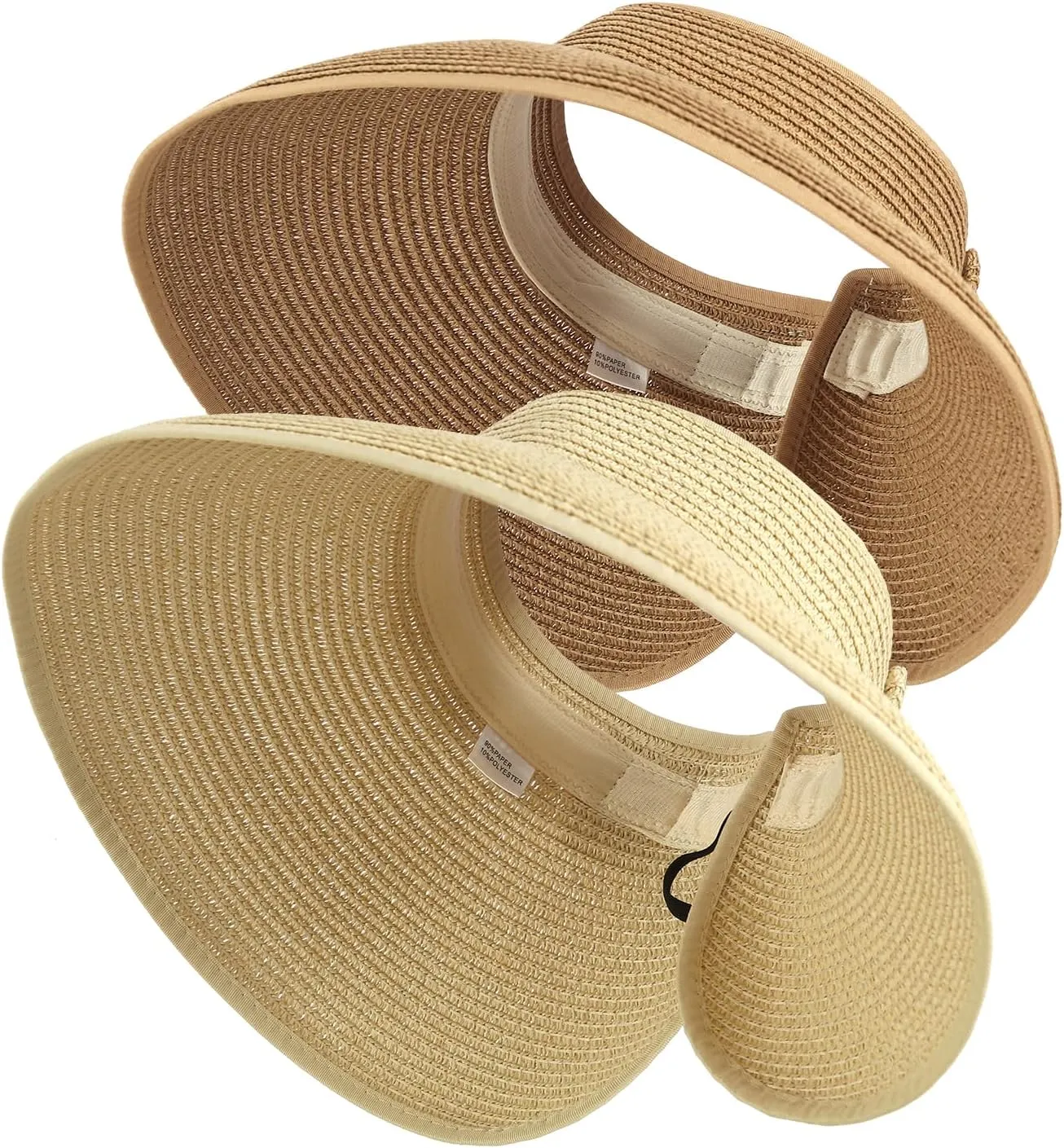 2Pcs Foldable Straw Sun Visor Hats,Wide Brim Ponytail Summer Beach Hat, Protect Your Skin Easily Perfect for Women Summer Vacation (Natural  Beige)