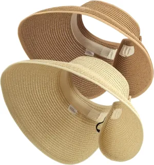 2Pcs Foldable Straw Sun Visor Hats,Wide Brim Ponytail Summer Beach Hat, Protect Your Skin Easily Perfect for Women Summer Vacation (Natural  Beige)