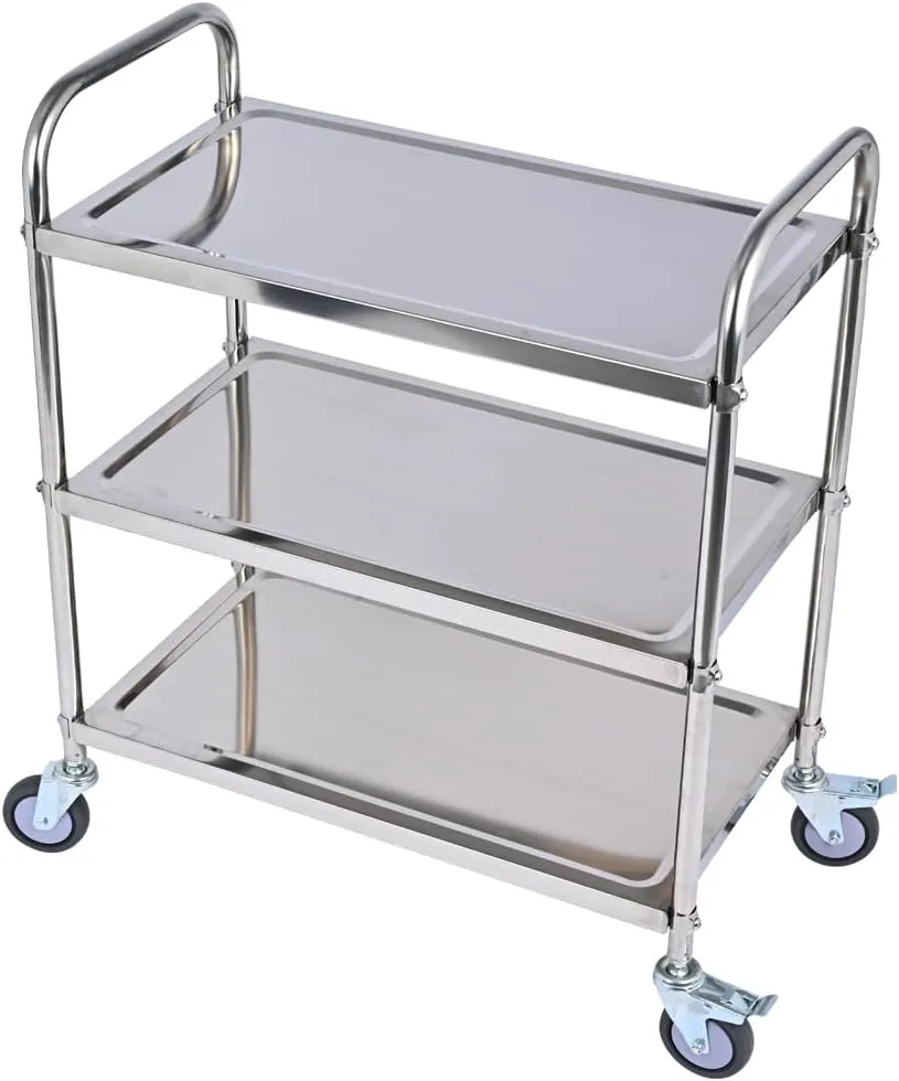 3 Shelf Stainless Steel Cart, 420 lbs, 1MM Thick, Serving With Wheels, Household Service Trolley, 360 Rotation Storage Shelf With Locking Wheels (29.5*15.8*37.4)'' Utility
