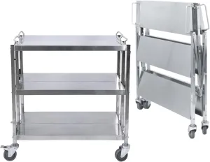 3 Shelf Stainless Steel Folding Utility Cart, Collapsible Serving Cart with Wheels, 300lbs Commercial Kitchen Trolley Cart for Restaurant Hotels 25”L x 15.8”W x 37.8”H