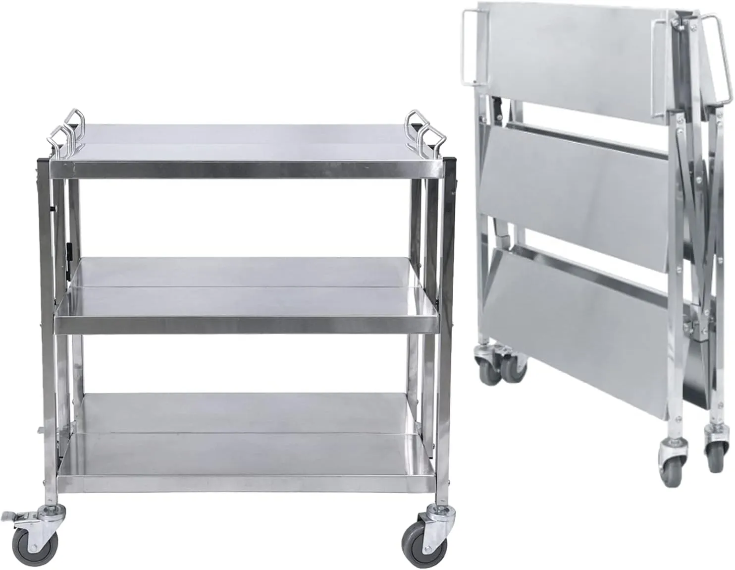 3 Shelf Stainless Steel Folding Utility Cart, Collapsible Serving Cart with Wheels, 300lbs Commercial Kitchen Trolley Cart for Restaurant Hotels 25”L x 15.8”W x 37.8”H
