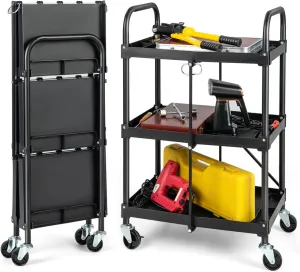 3-Tier Folding Cart, Collapsible Utility Trolley w/Lockable Wheels & Reinforced Frame for Tools, Groceries, Mobile Storage Organizer for Workshops, Homes, Offices