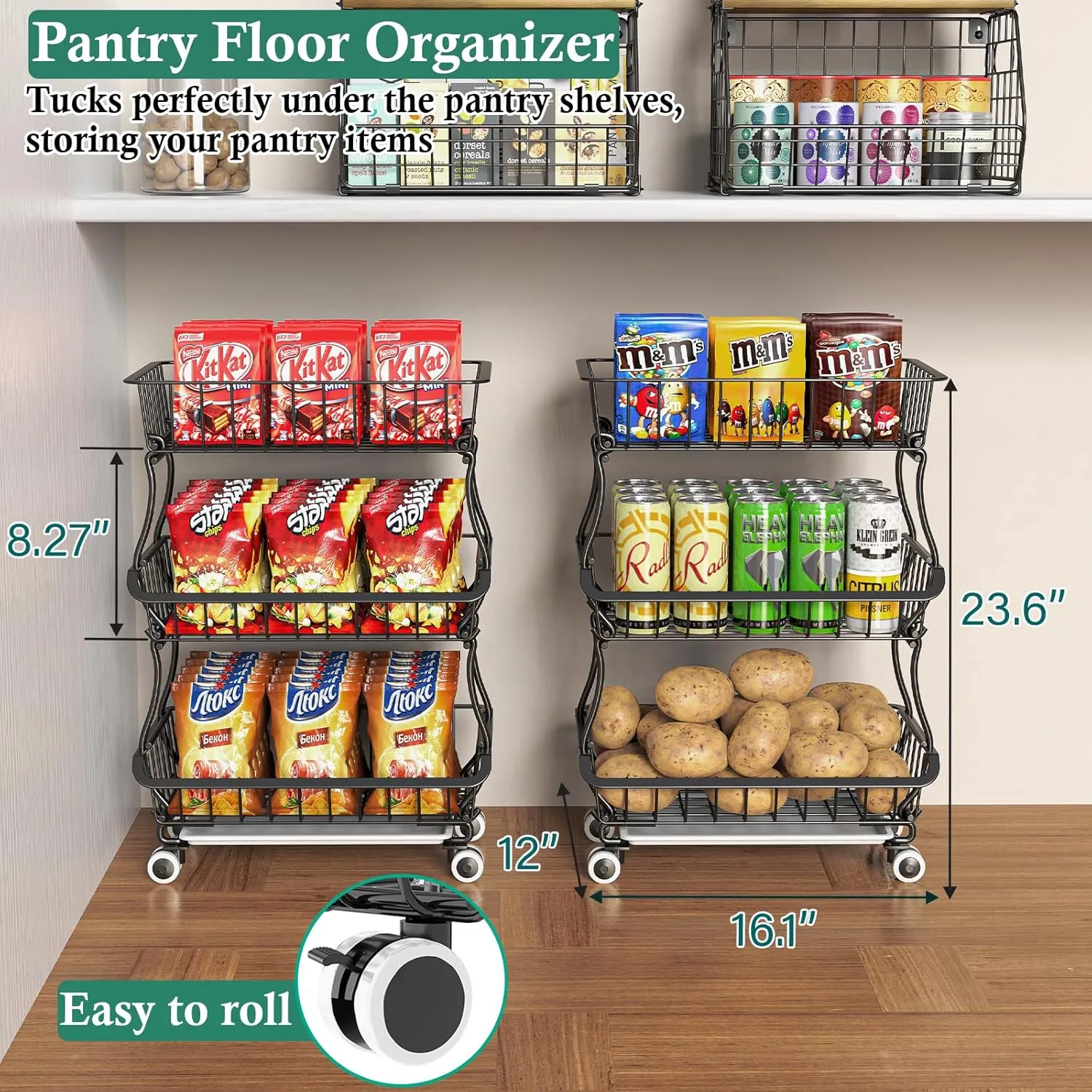 3-Tier Rolling Pantry Floor Organizers and Storage Cart with Wheels, Stackable Wire Pantry Baskets for Pantry Shelves, Kitchen Fruit Basket Stand and Storage Rack for Fruit Snack Onion Potato