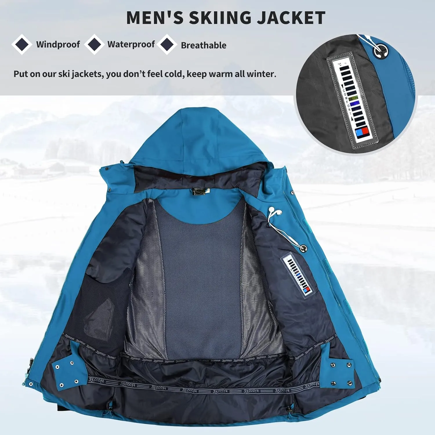 33,000ft Mens Ski Jacket Waterproof Insulated Snow Jacket, Mountain Breathable Winter Jackets for Men Ski Snowboard Coat