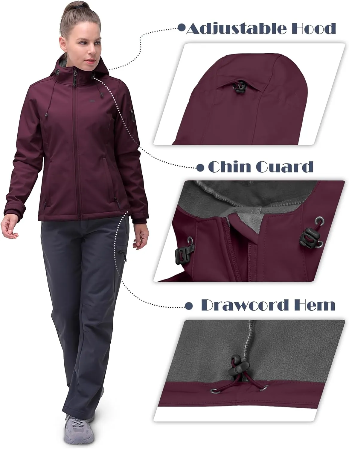 33,000ft Women's Softshell Jacket, Fleece Lined Warm Jacket Light Hooded Windproof Coat for Outdoor Hiking