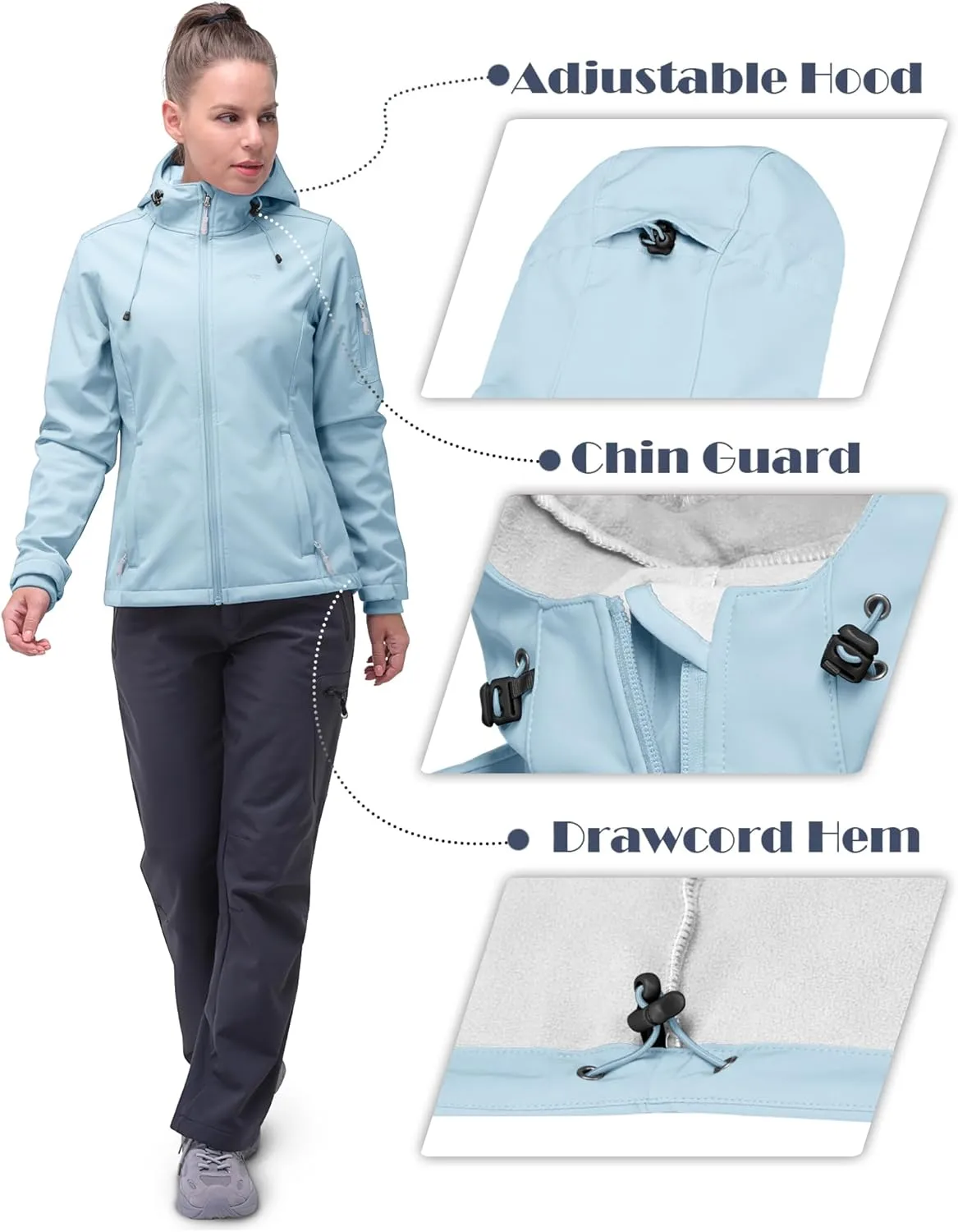 33,000ft Women's Softshell Jacket, Fleece Lined Warm Jacket Light Hooded Windproof Coat for Outdoor Hiking