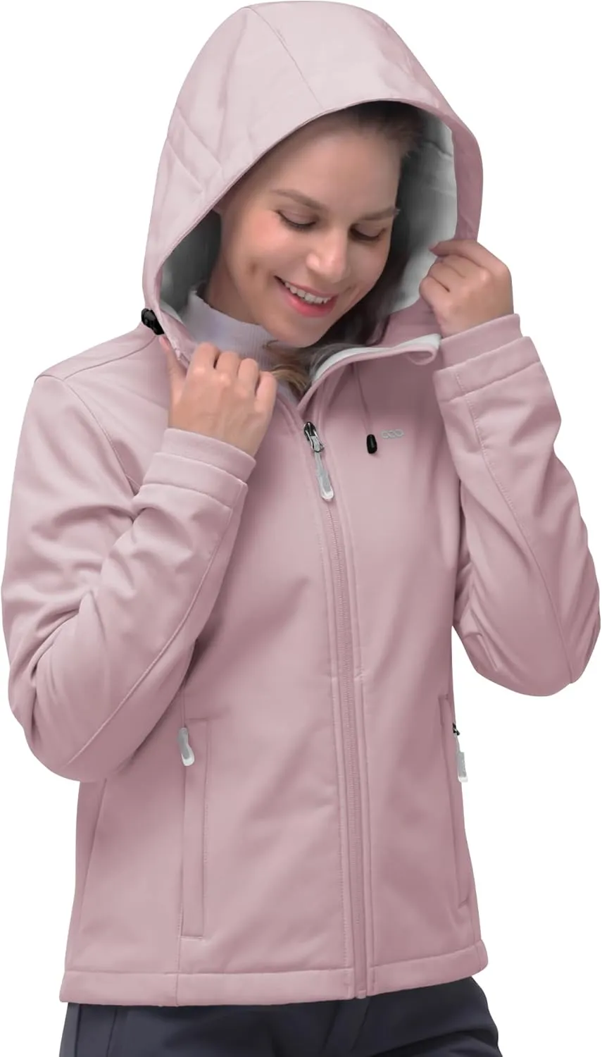 33,000ft Women's Softshell Jacket, Fleece Lined Warm Jacket Light Hooded Windproof Coat for Outdoor Hiking