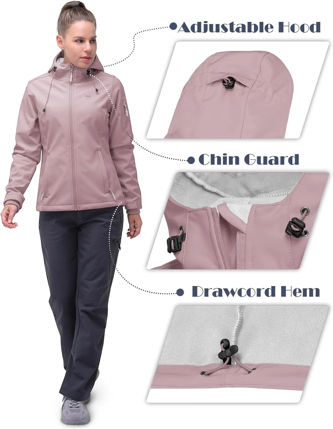 33,000ft Women's Softshell Jacket, Fleece Lined Warm Jacket Light Hooded Windproof Coat for Outdoor Hiking
