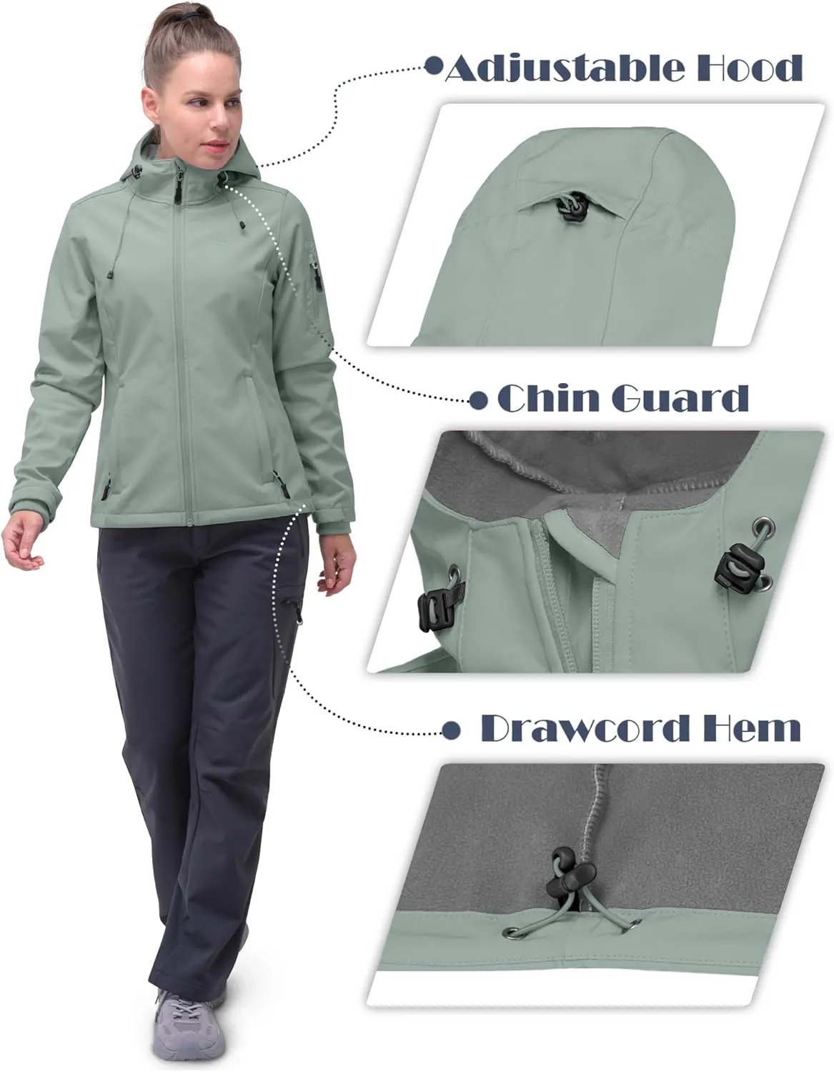 33,000ft Women's Softshell Jacket, Fleece Lined Warm Jacket Light Hooded Windproof Coat for Outdoor Hiking