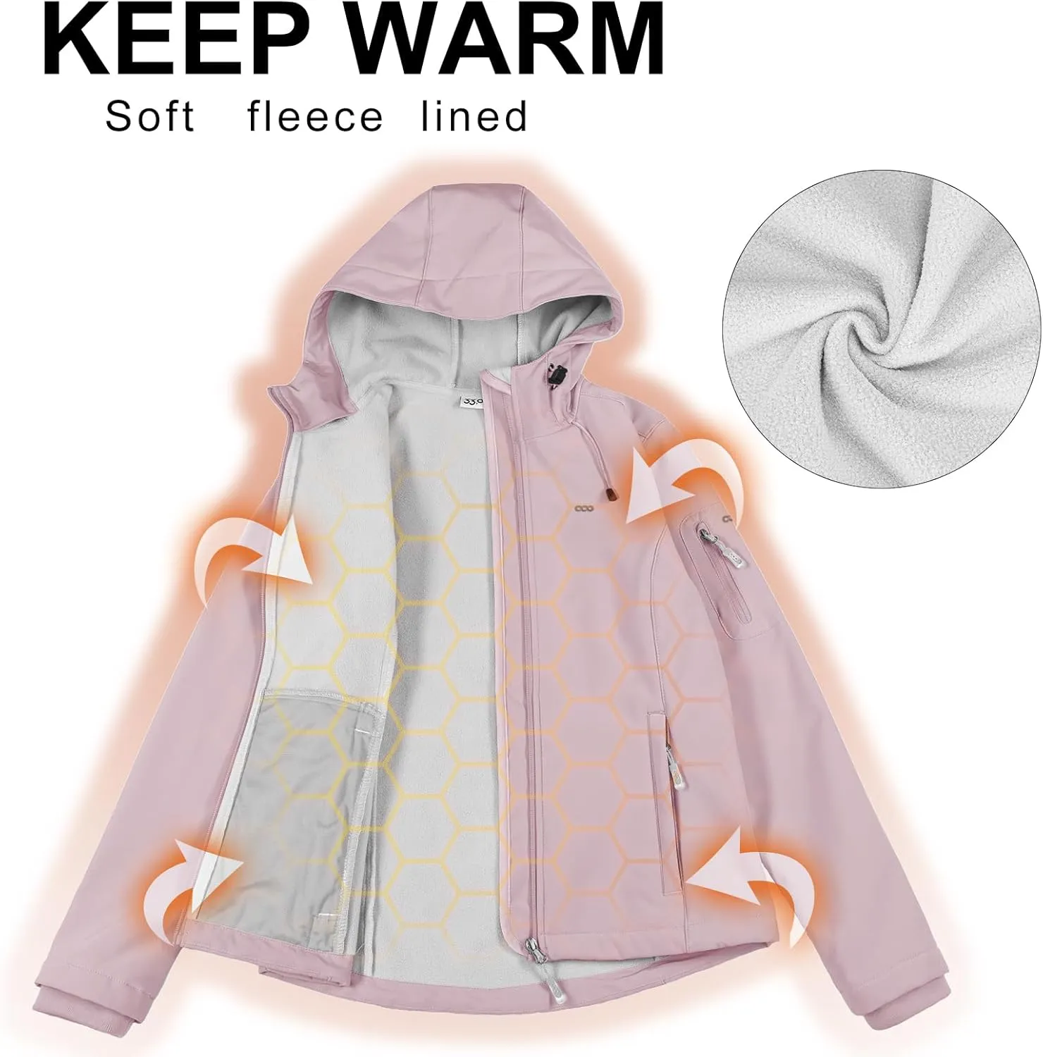 33,000ft Women's Softshell Jacket, Fleece Lined Warm Jacket Light Hooded Windproof Coat for Outdoor Hiking