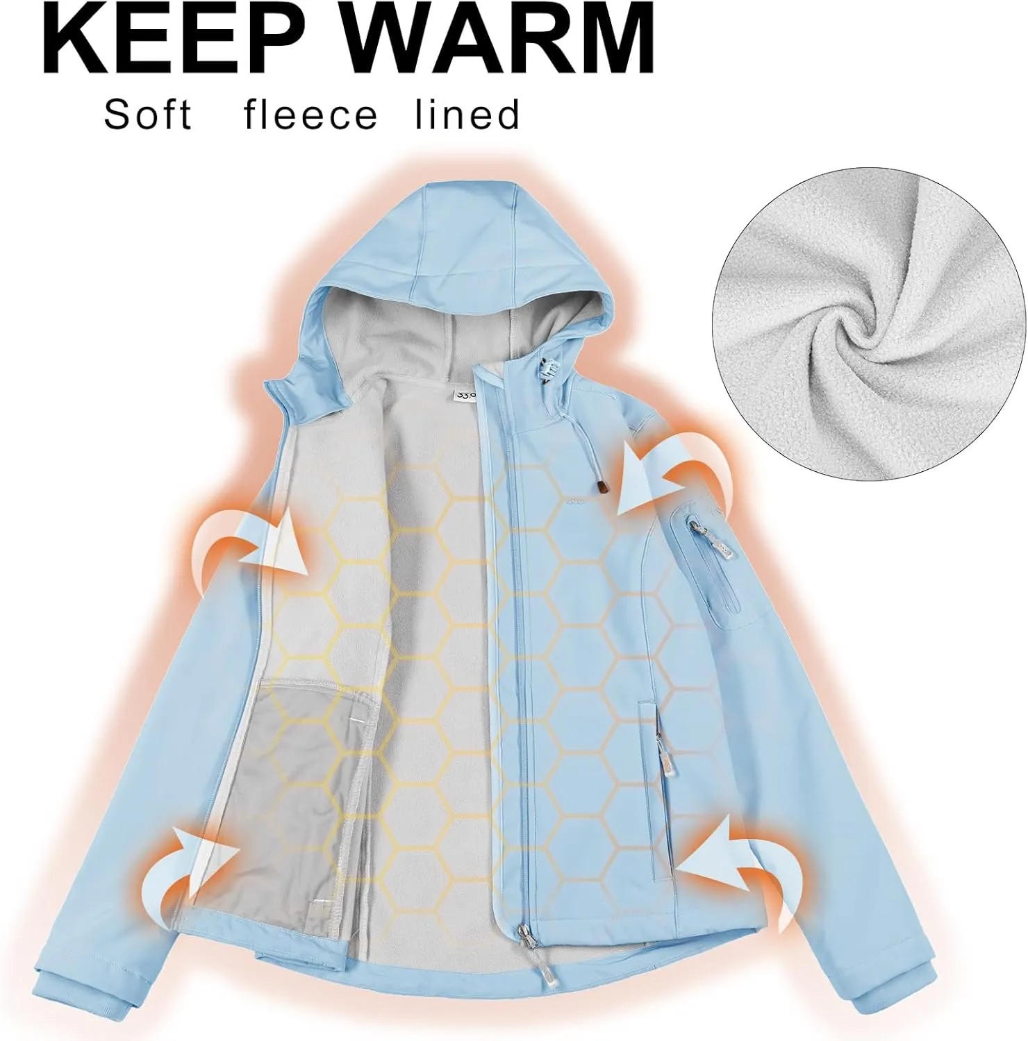 33,000ft Women's Softshell Jacket, Fleece Lined Warm Jacket Light Hooded Windproof Coat for Outdoor Hiking