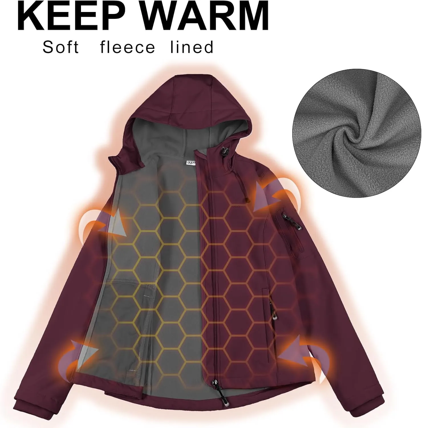 33,000ft Women's Softshell Jacket, Fleece Lined Warm Jacket Light Hooded Windproof Coat for Outdoor Hiking