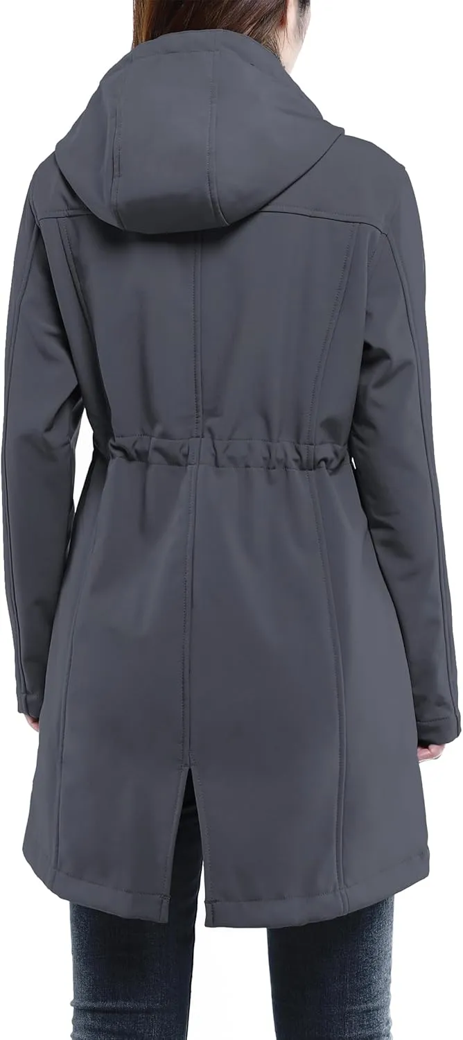 33,000ft Women's Softshell Long Jacket with Hood Fleece Lined Windproof Warm up Waterproof Windbreaker
