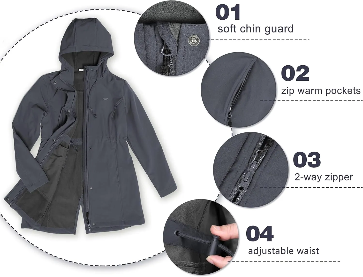 33,000ft Women's Softshell Long Jacket with Hood Fleece Lined Windproof Warm up Waterproof Windbreaker