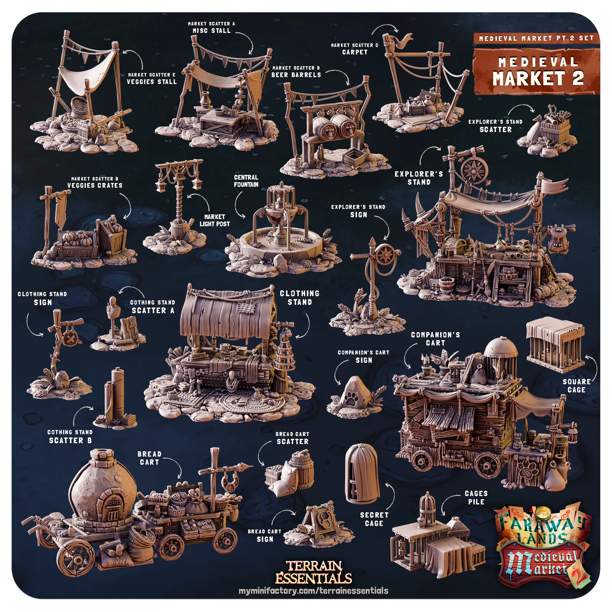 3D Printed Cast n Play Medieval Market 2 Terrain Set 28mm 32mm D&D