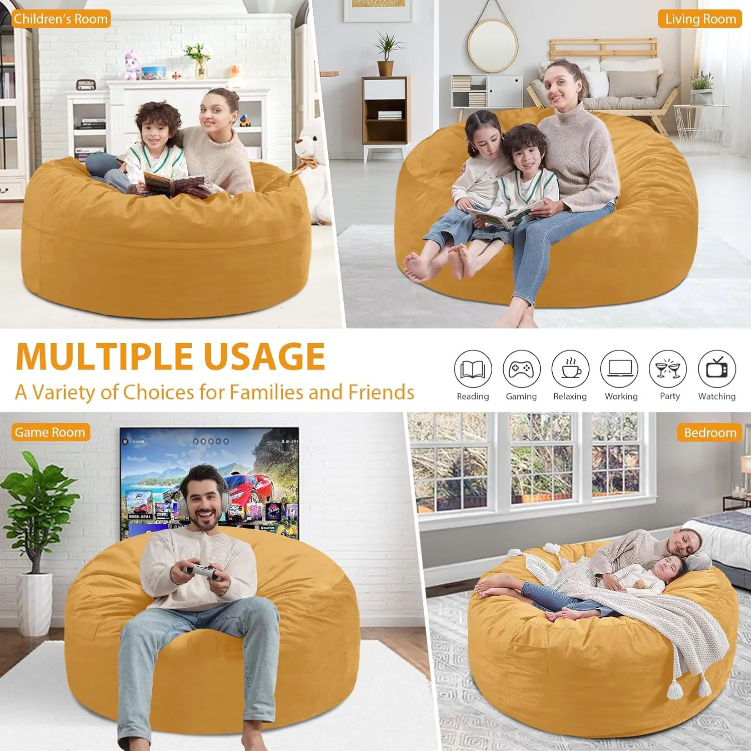 3Ft Bean Bag Chair, Memory Foam Filling Bean Bag Chairs with Velvet Cover, Removable and Machine Washable Cover, Giant Bean Bag Chair for Adult - Mustard