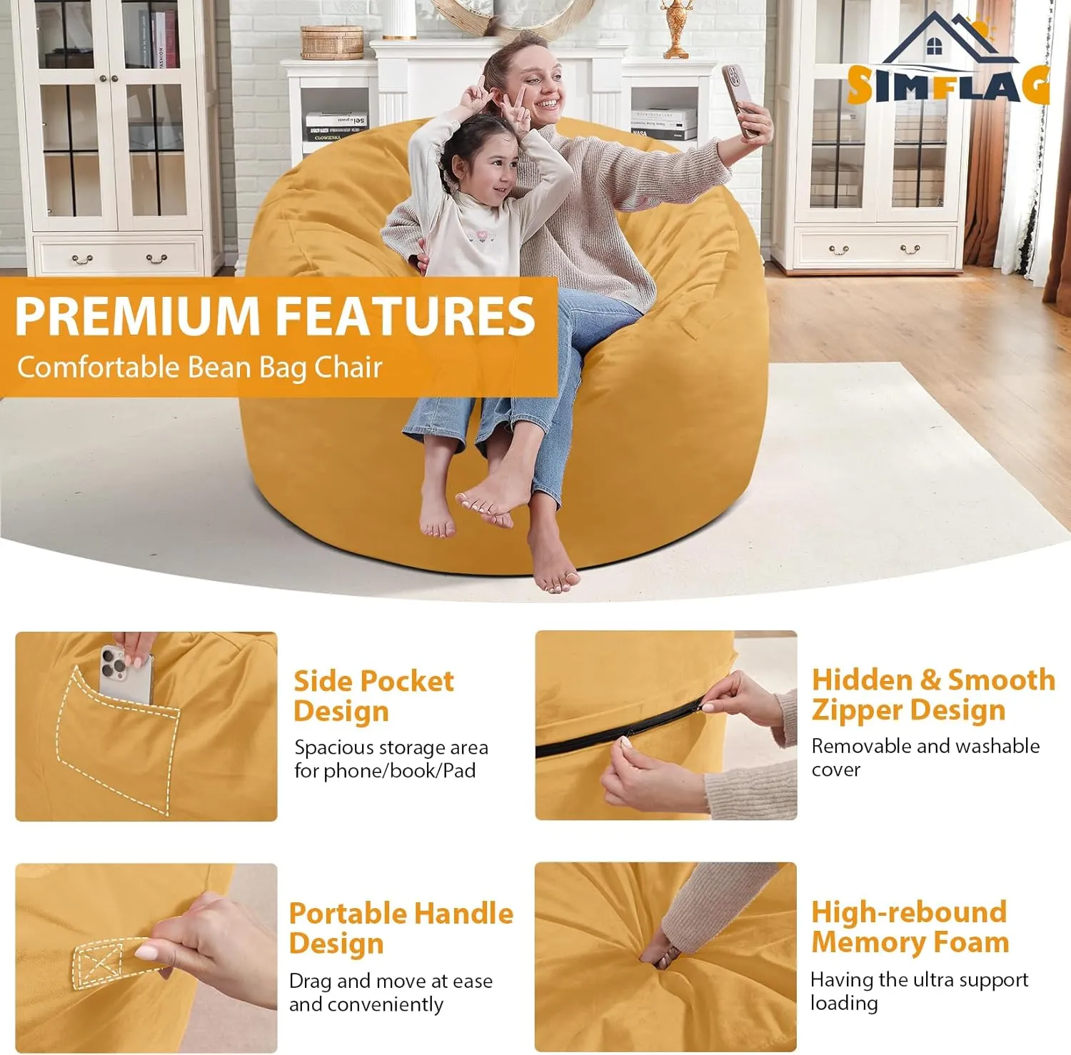 3Ft Bean Bag Chair, Memory Foam Filling Bean Bag Chairs with Velvet Cover, Removable and Machine Washable Cover, Giant Bean Bag Chair for Adult - Mustard