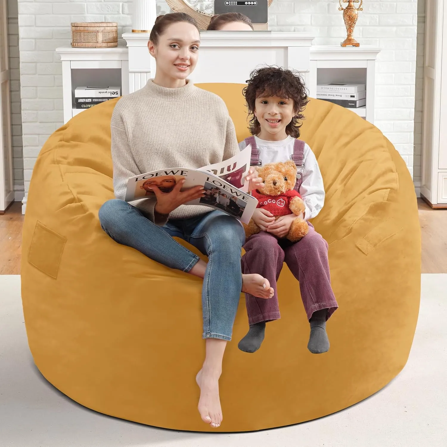 3Ft Bean Bag Chair, Memory Foam Filling Bean Bag Chairs with Velvet Cover, Removable and Machine Washable Cover, Giant Bean Bag Chair for Adult - Mustard