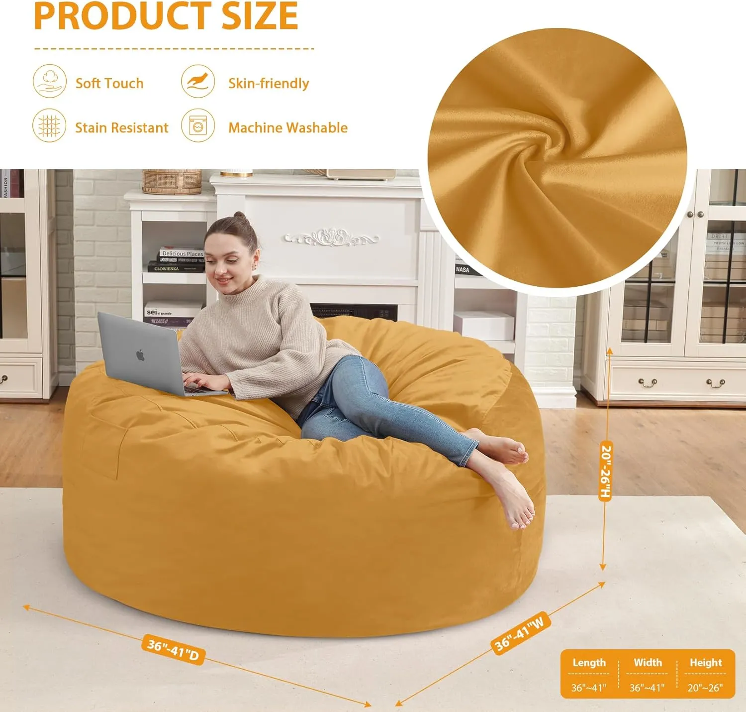 3Ft Bean Bag Chair, Memory Foam Filling Bean Bag Chairs with Velvet Cover, Removable and Machine Washable Cover, Giant Bean Bag Chair for Adult - Mustard