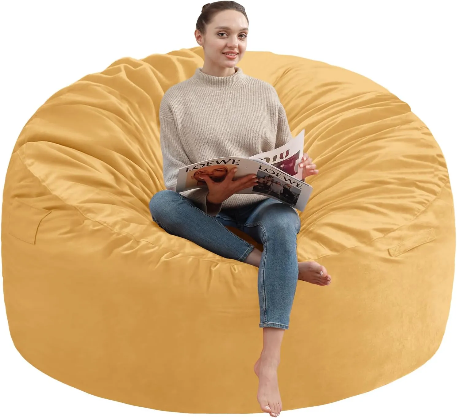 3Ft Bean Bag Chair, Memory Foam Filling Bean Bag Chairs with Velvet Cover, Removable and Machine Washable Cover, Giant Bean Bag Chair for Adult - Mustard
