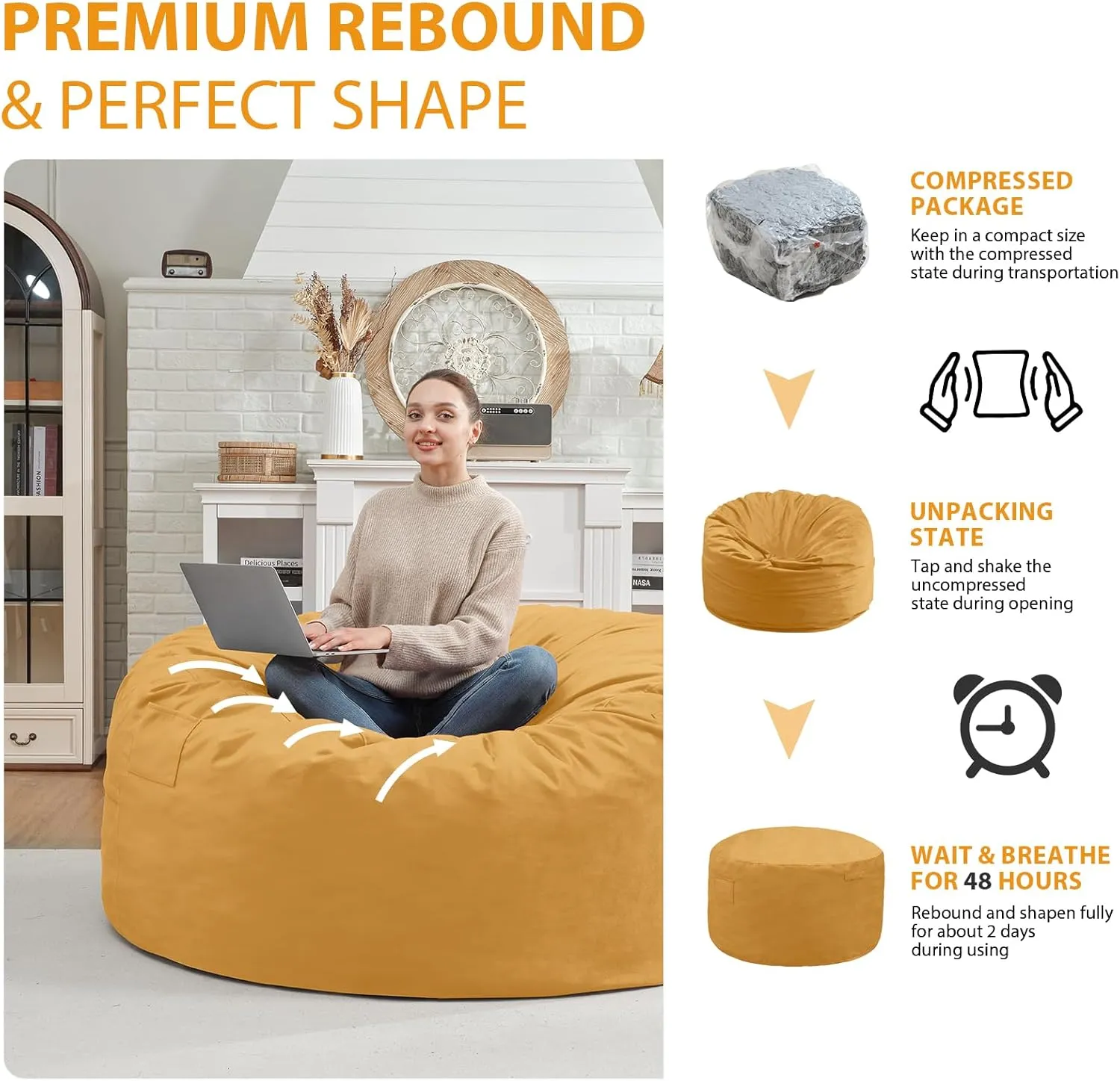 3Ft Bean Bag Chair, Memory Foam Filling Bean Bag Chairs with Velvet Cover, Removable and Machine Washable Cover, Giant Bean Bag Chair for Adult - Mustard