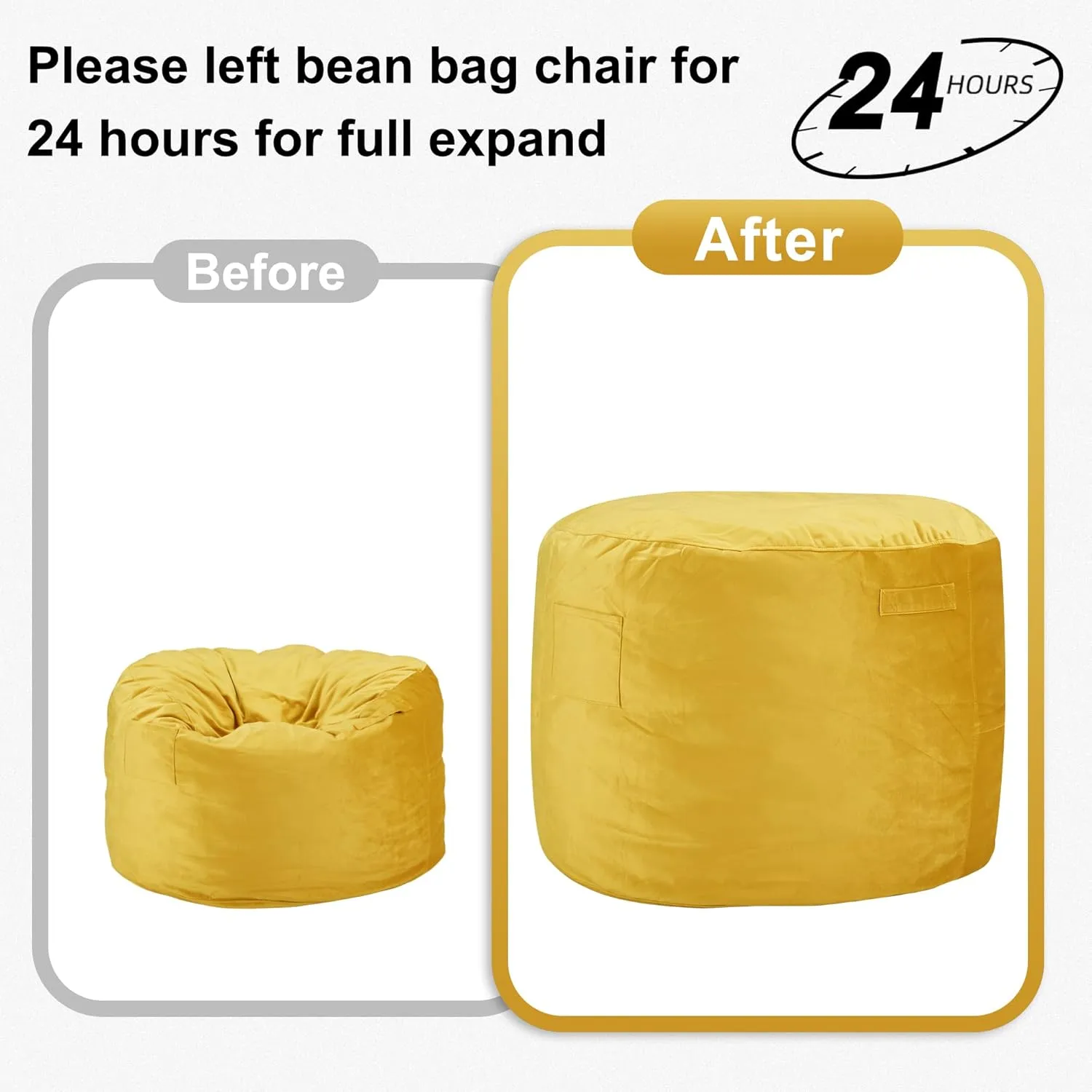 3Ft Bean Bag Chairs, Giant Bean Bag Chair with Memory Foam Filling, Removable and Machine Washable Velvet Cover, Bean Bag Chairs for Adult - Mustard (36"×36"×24")