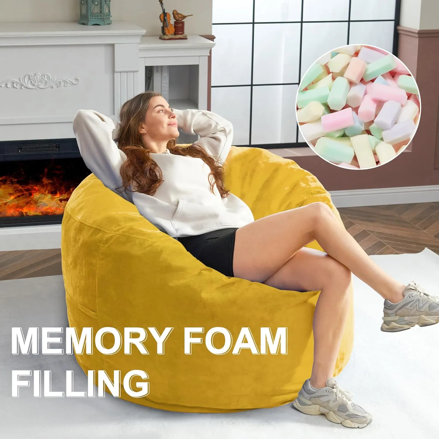 3Ft Bean Bag Chairs, Giant Bean Bag Chair with Memory Foam Filling, Removable and Machine Washable Velvet Cover, Bean Bag Chairs for Adult - Mustard (36"×36"×24")