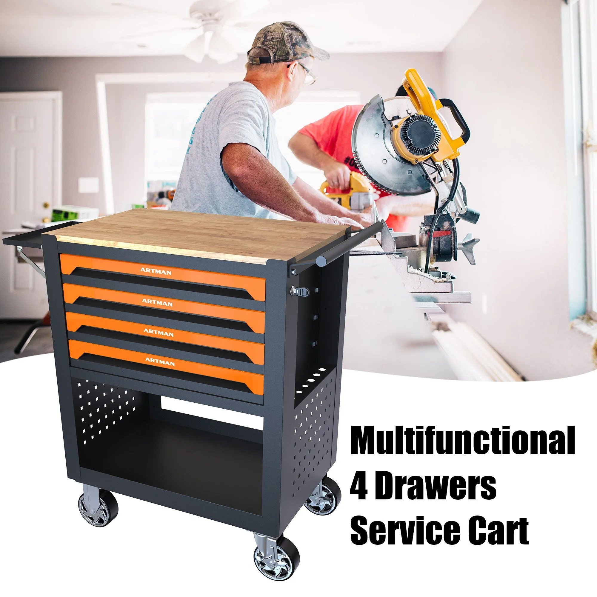 4 Drawers Multifunctional Tool Cart With Wheels And Wooden Top