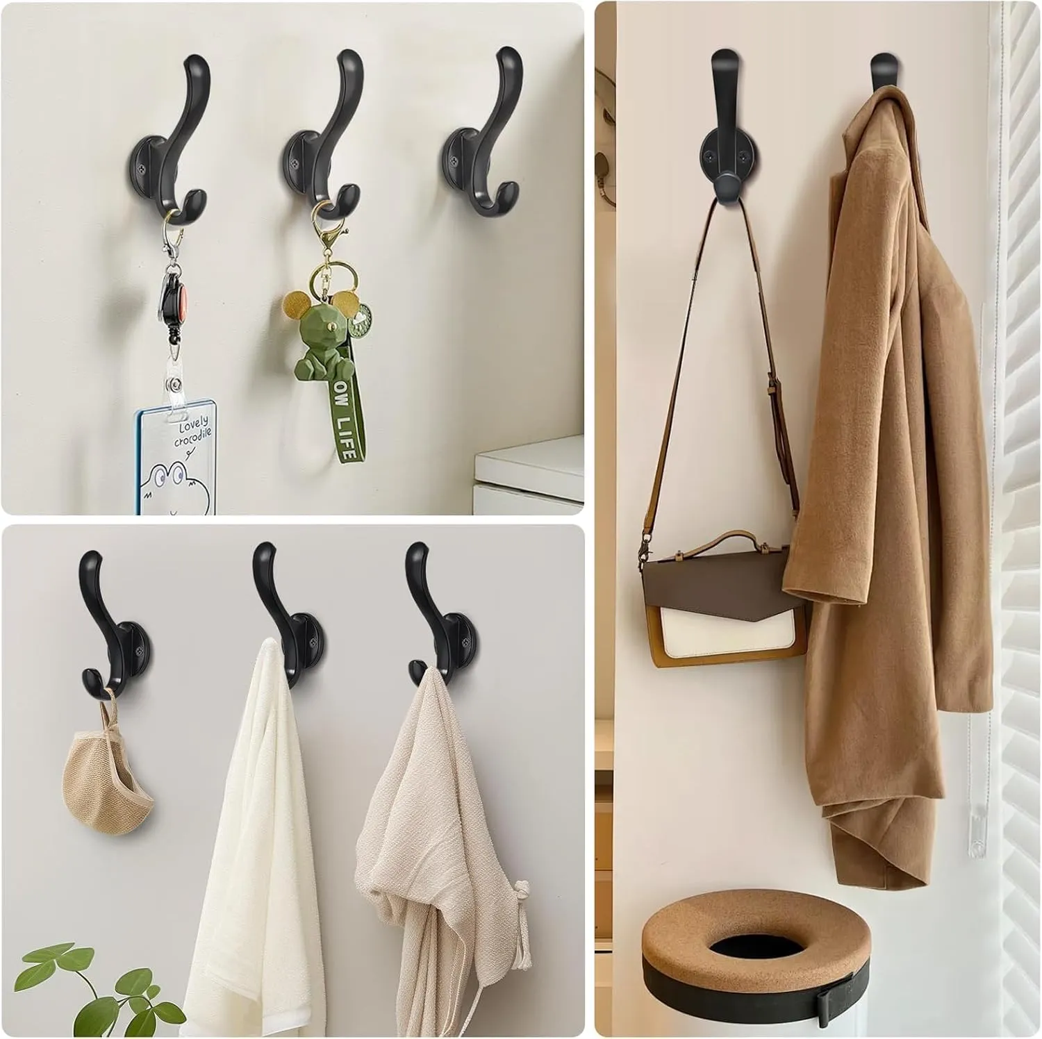 4 Pack Coat Hooks Wall Mount Heavy Duty Utility Retro Double Hooks for Hanging Coats,Hat, Towel, Key, Robe, Scarf, Bag, Cap (Black)