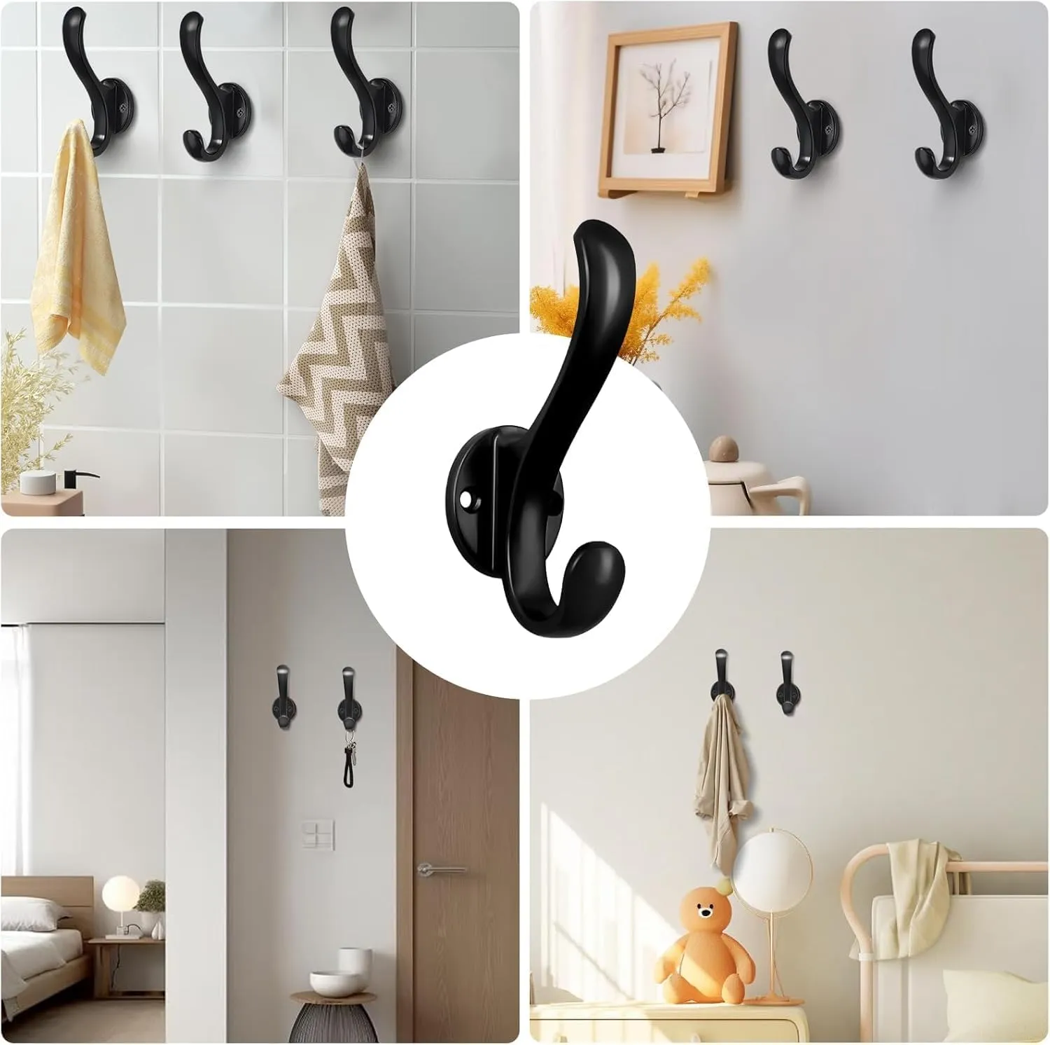4 Pack Coat Hooks Wall Mount Heavy Duty Utility Retro Double Hooks for Hanging Coats,Hat, Towel, Key, Robe, Scarf, Bag, Cap (Black)