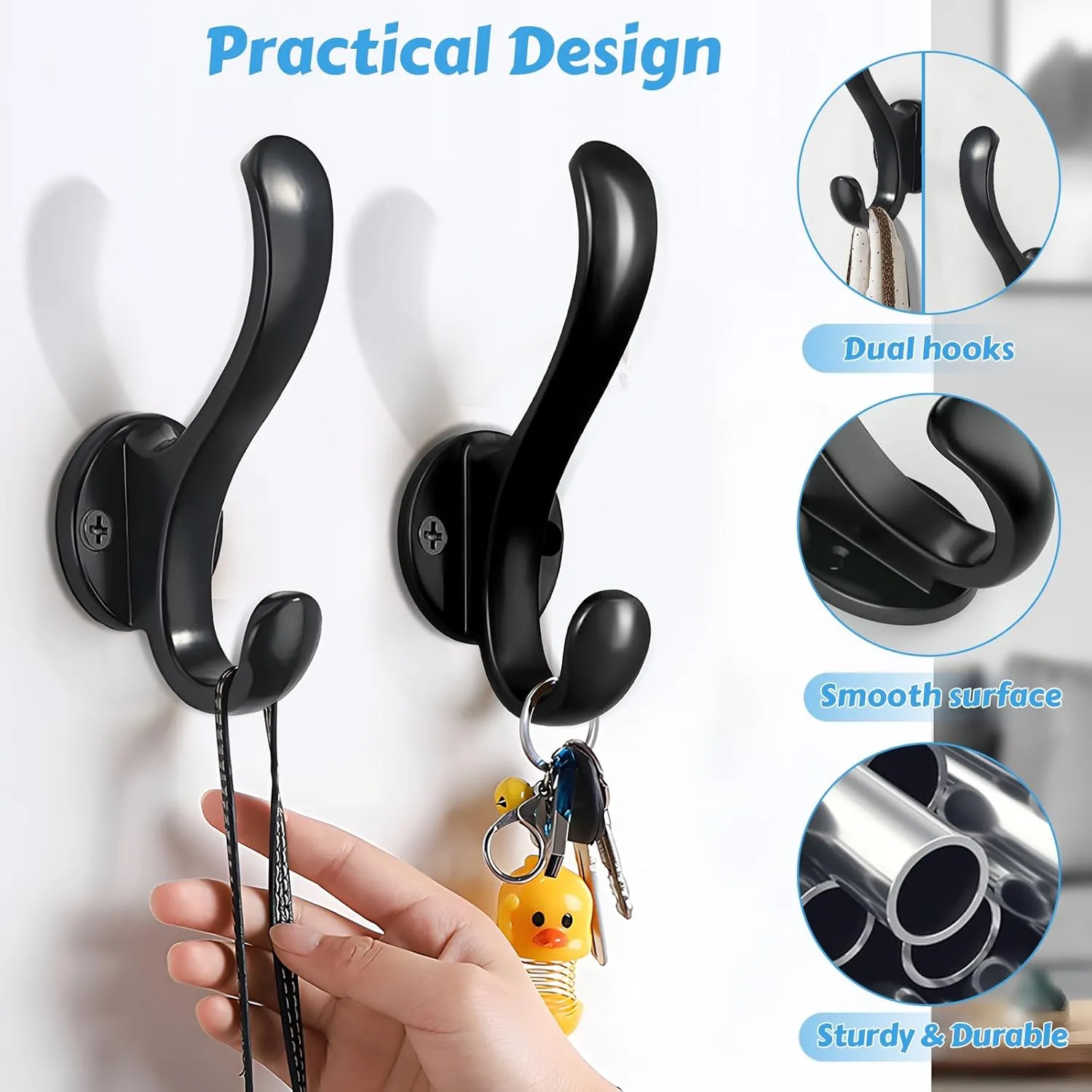 4 Pack Coat Hooks Wall Mount Heavy Duty Utility Retro Double Hooks for Hanging Coats,Hat, Towel, Key, Robe, Scarf, Bag, Cap (Black)