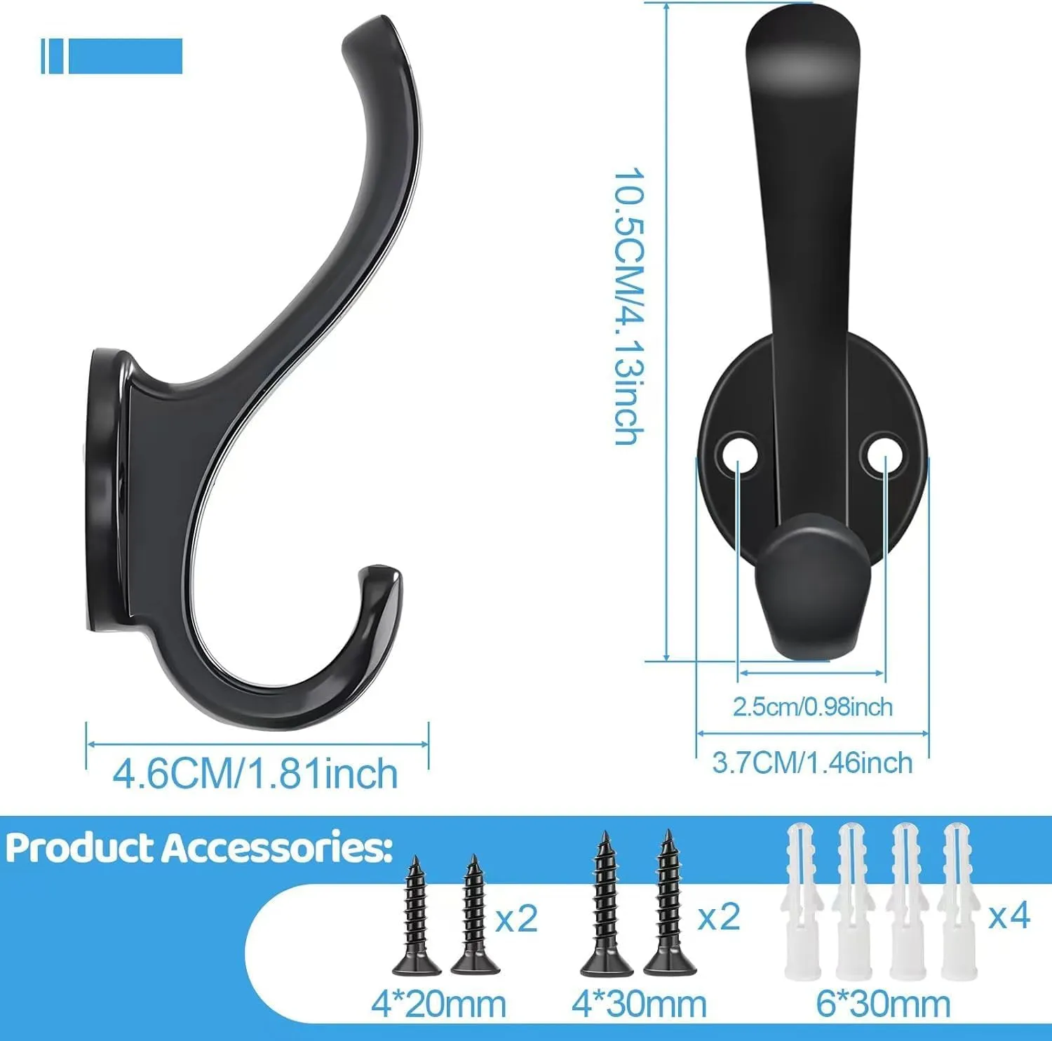 4 Pack Coat Hooks Wall Mount Heavy Duty Utility Retro Double Hooks for Hanging Coats,Hat, Towel, Key, Robe, Scarf, Bag, Cap (Black)