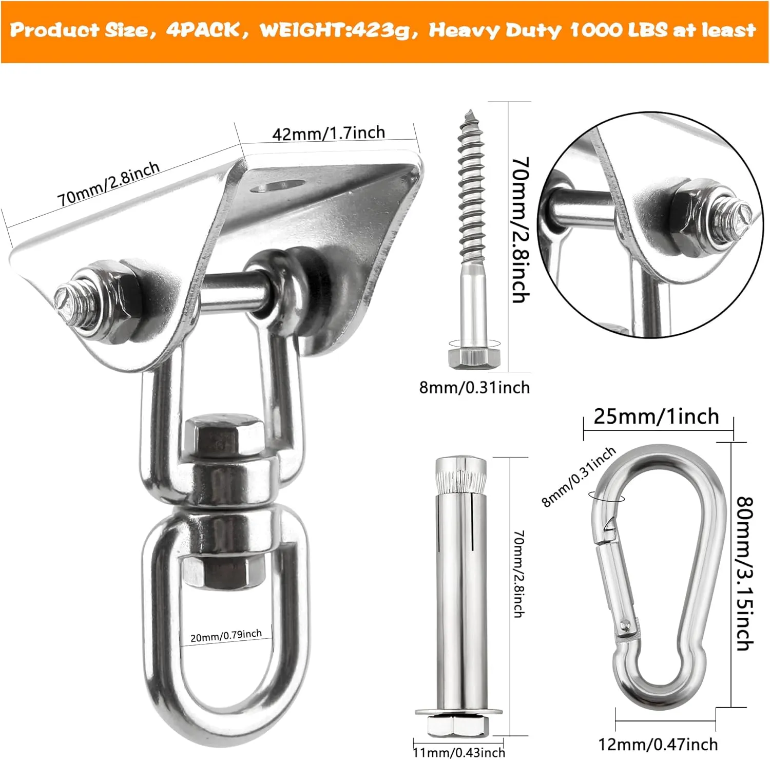 4 Pack Heavy Duty Swing Hangers 1200 LB Capacity Swing Hook Swing Hardware Kit 360° Swivel Stainless Steel Hammock Hook for Playground Porch Swing Hammock Punching Bag