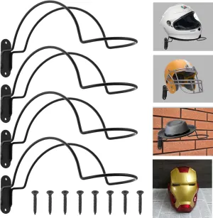 4 Pack Helmet Wall Mount, Metal Helmets Hanger, Black Helmet Wall-Mount Display, Motorcycle Helmets Rack, Multifunctional-Helmet Mount for Coats, Jacket, Hats
