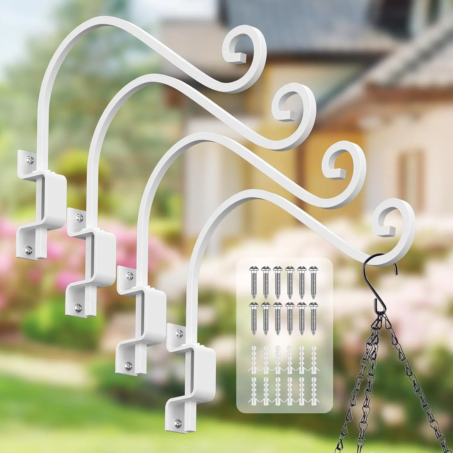 4 Pack Plant Hangers Outdoor : Swivel Bird Feeder Hangers Wall Mount - 15 Inch Swivel Plant Hooks for Hanging Baskets, Flower, Lantern, Wind Chimes (White)