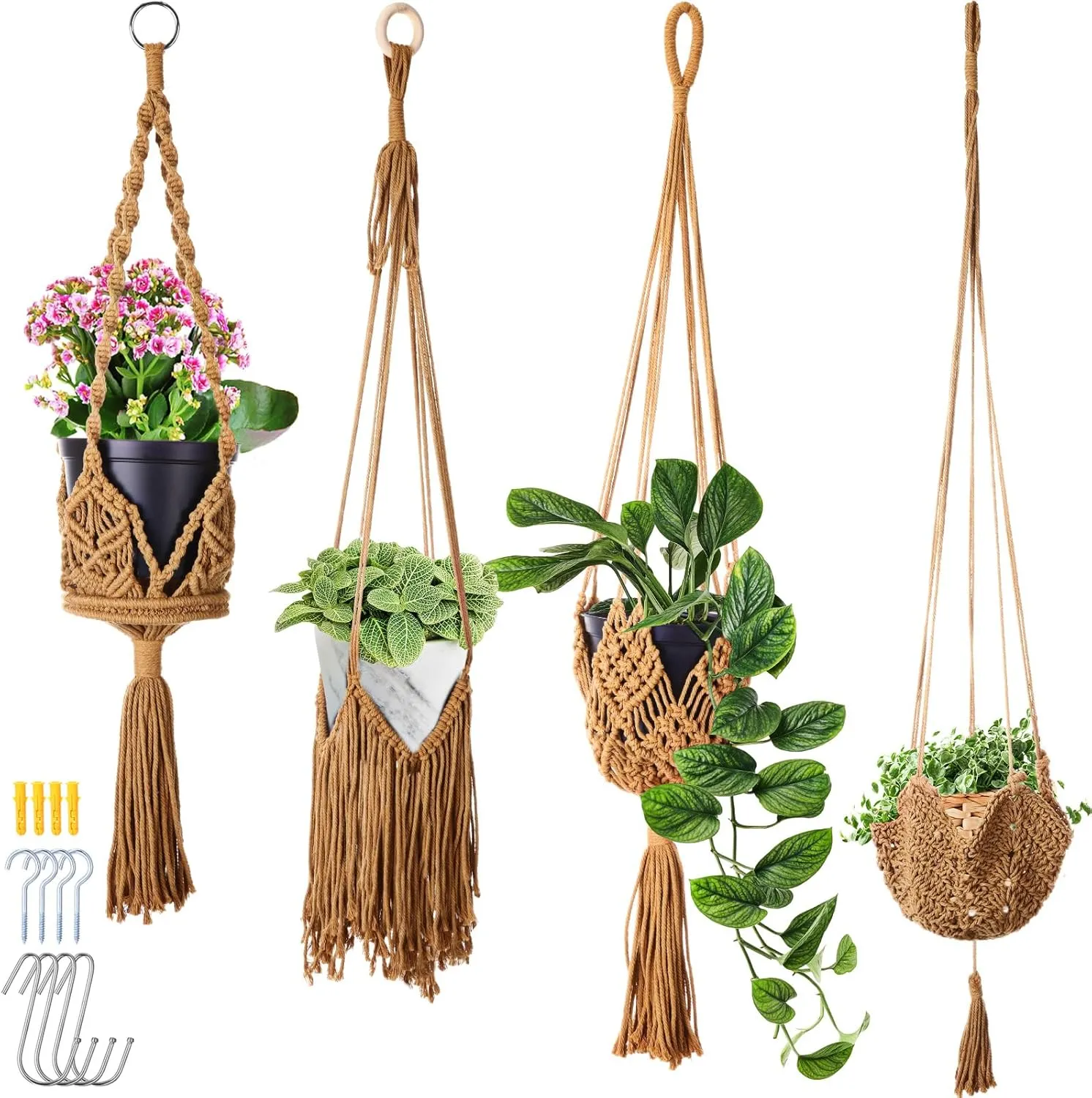 4 Packs Macrame Plant Hangers with Tassels Boho Crochet Hanging Plant Basketball for Indoor Outdoor Plant Hanger with 4 S Shaped Hooks for Home Decor Window Flower Pot(Brown)