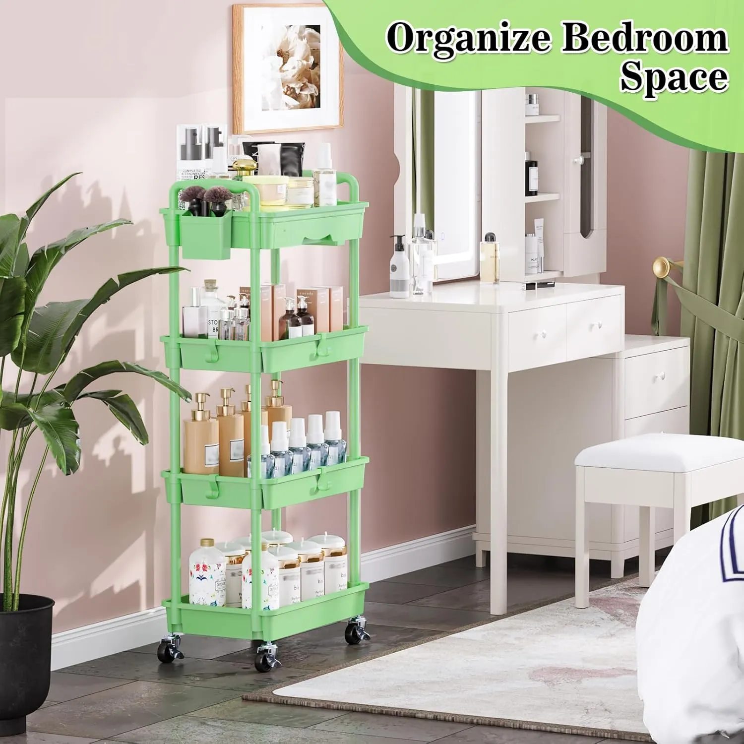 4 Tier Rolling Utility Cart with Drawer, Utility Storage Organizer with Plastic Shelf & Lockable Wheels Multifunctional Storage Cart for Kitchen, Bathroom, Office, Living Room, Green