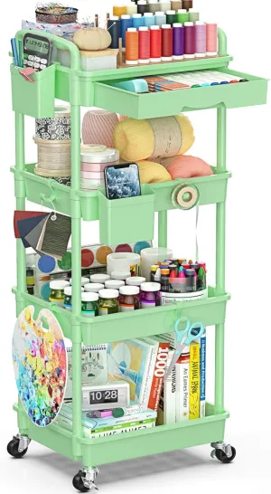 4 Tier Rolling Utility Cart with Drawer, Utility Storage Organizer with Plastic Shelf & Lockable Wheels Multifunctional Storage Cart for Kitchen, Bathroom, Office, Living Room, Green