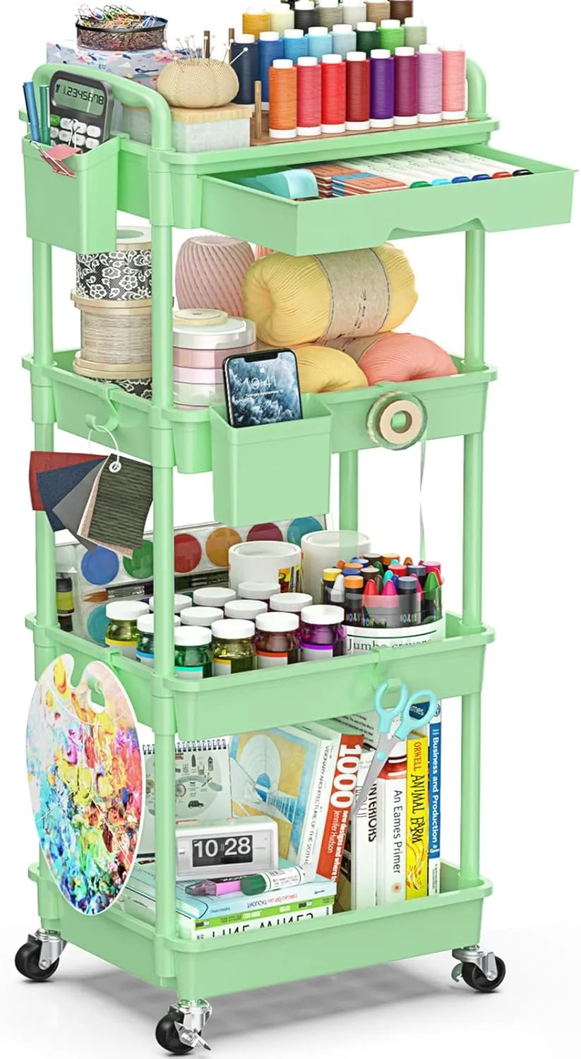 4 Tier Rolling Utility Cart with Drawer, Utility Storage Organizer with Plastic Shelf & Lockable Wheels Multifunctional Storage Cart for Kitchen, Bathroom, Office, Living Room, Green
