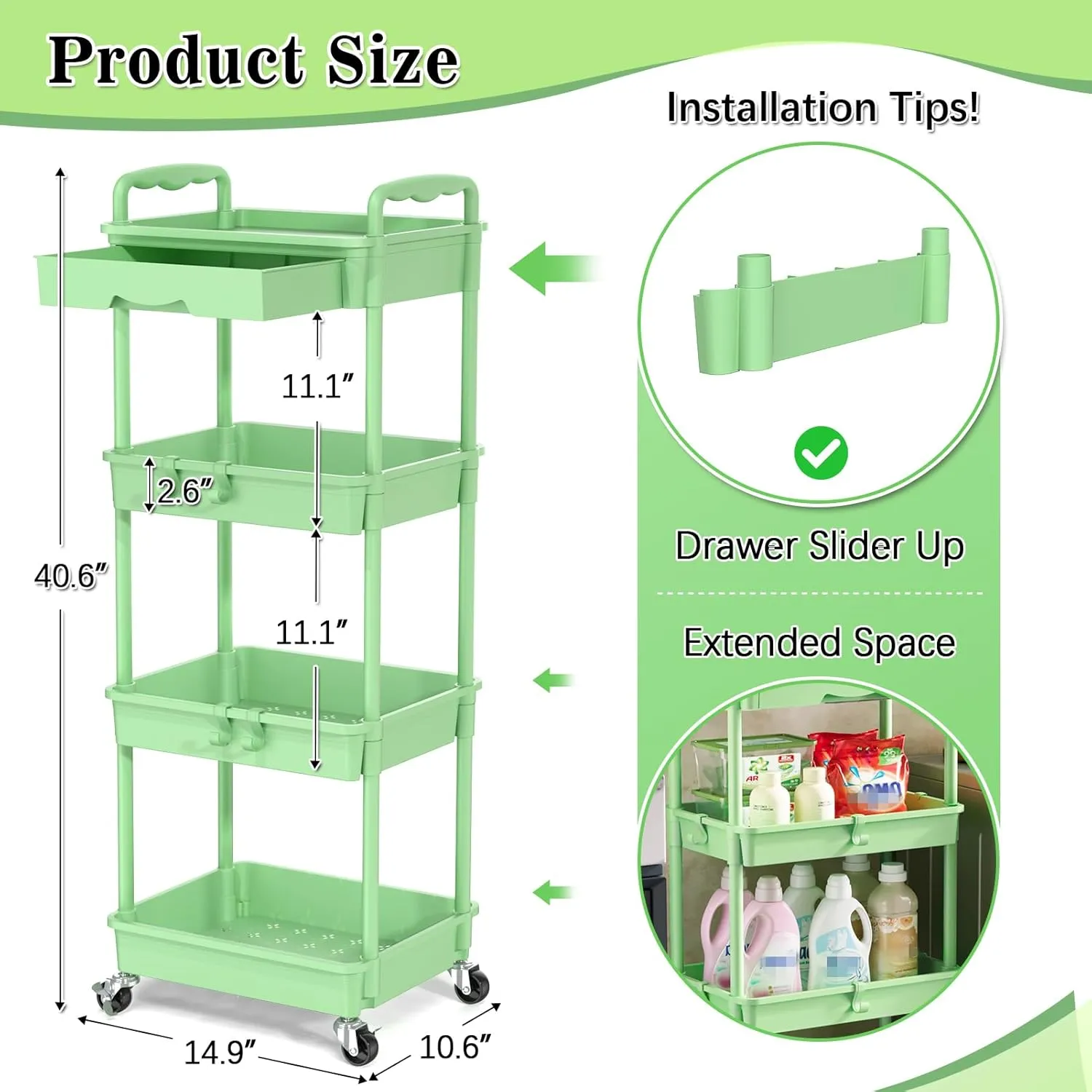 4 Tier Rolling Utility Cart with Drawer, Utility Storage Organizer with Plastic Shelf & Lockable Wheels Multifunctional Storage Cart for Kitchen, Bathroom, Office, Living Room, Green