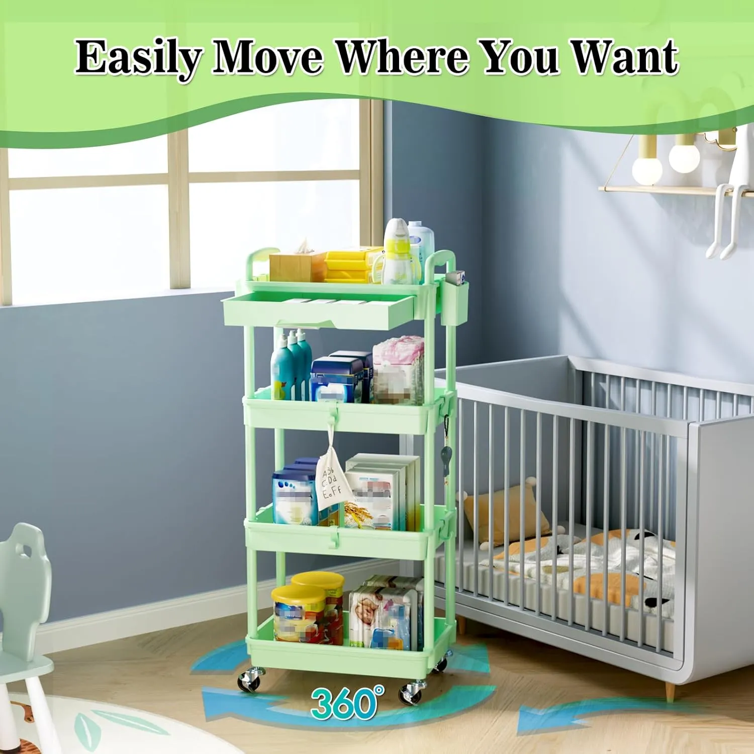 4 Tier Rolling Utility Cart with Drawer, Utility Storage Organizer with Plastic Shelf & Lockable Wheels Multifunctional Storage Cart for Kitchen, Bathroom, Office, Living Room, Green